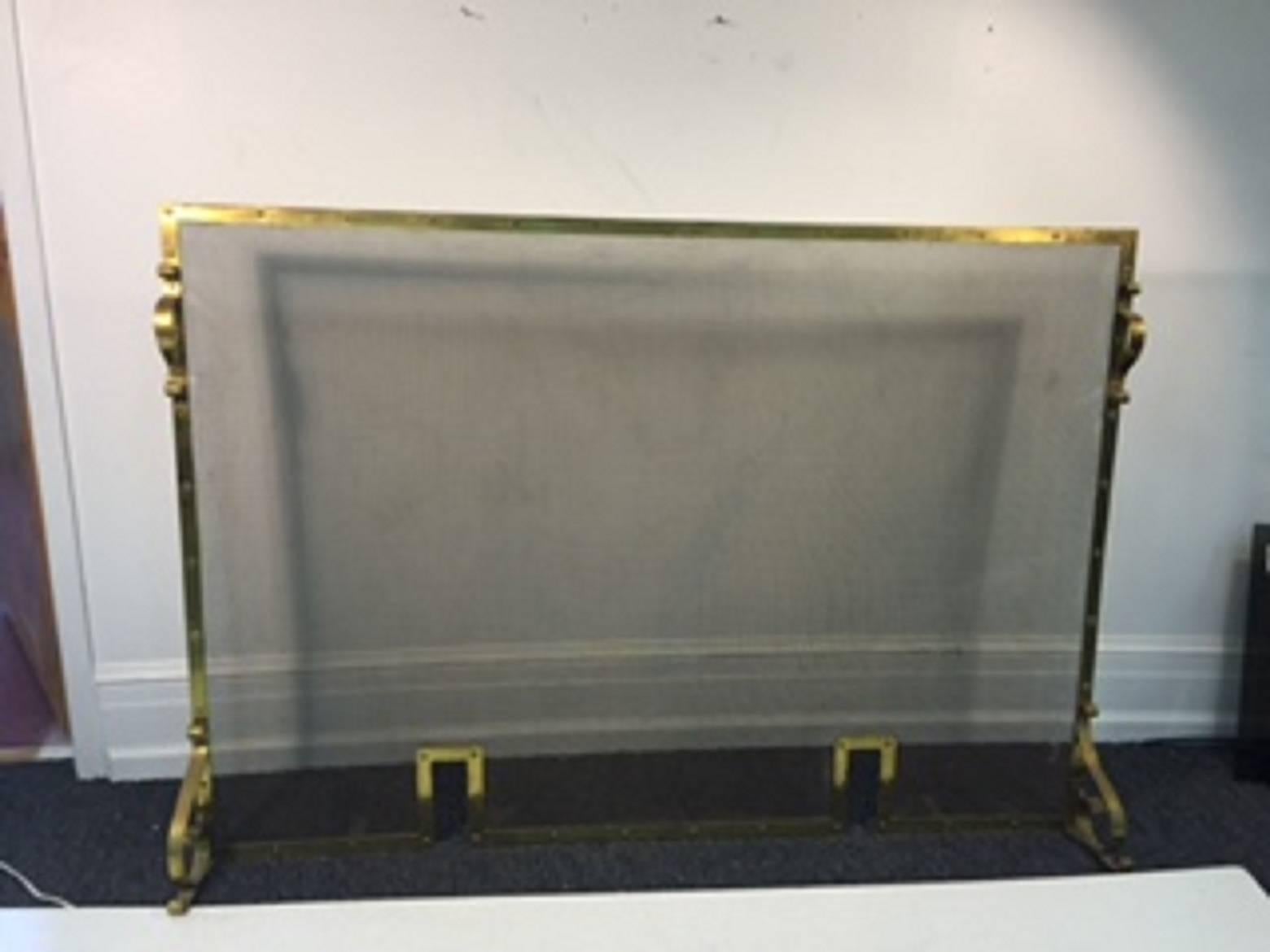 American Exceptional Giant Brass Fireplace Screen with Andirons For Sale