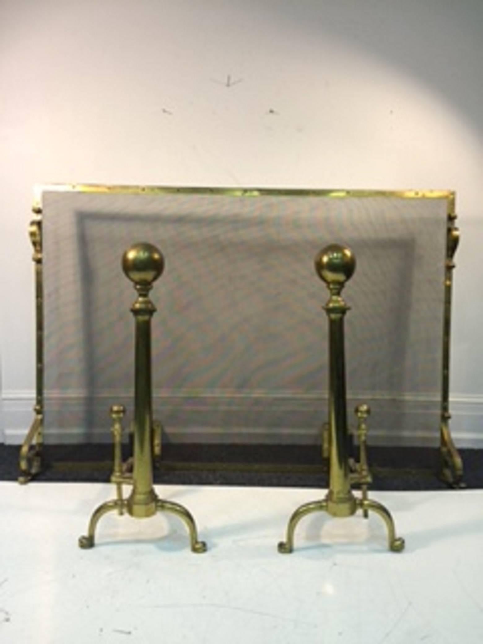 An exceptional, giant, American fire screen with brass ball-top andirons.
Measures:
Andirons: 35 H x 14 W.
Fire screen: 63 H x 43.5 W.