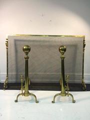 Exceptional Giant Brass Fireplace Screen with Andirons