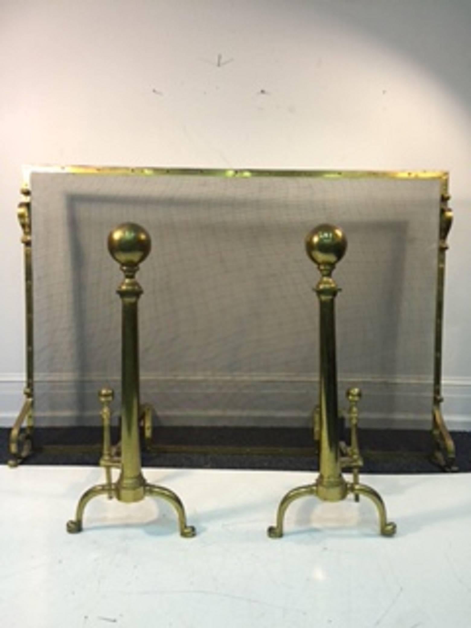 19th Century Exceptional Giant Brass Fireplace Screen with Andirons For Sale