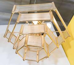 Spectacular Four-Tier Glass Rod and Brass Hexagonal Chandelier