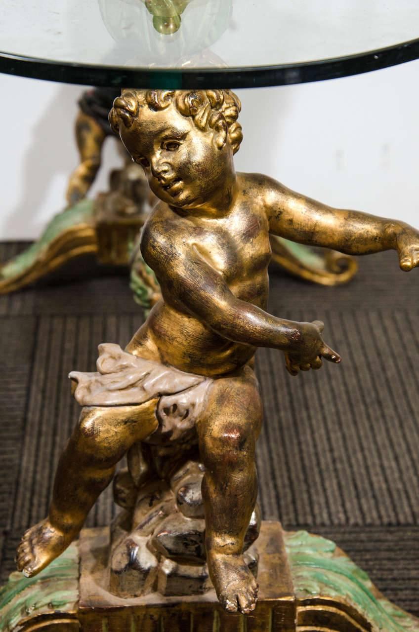 Glass Incredible Italian Carved Wood Painted Putti or Cherub Cocktail or Coffee Table For Sale