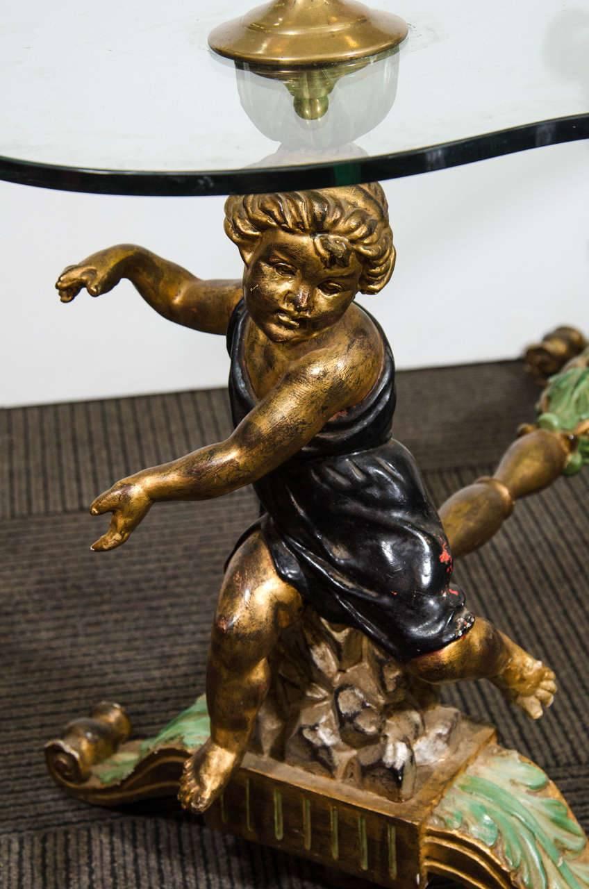20th Century Incredible Italian Carved Wood Painted Putti or Cherub Cocktail or Coffee Table For Sale