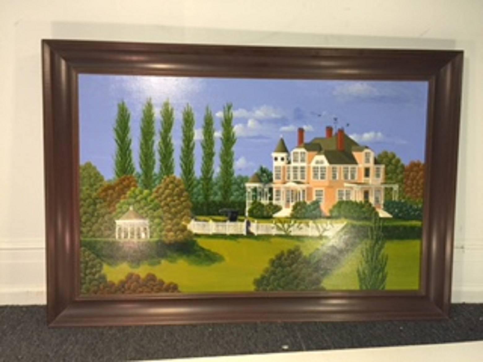 A great Folk Art painting of a plantation by Louisiana artist Dewitt Jones Lobrano. Signed and dated 1980.