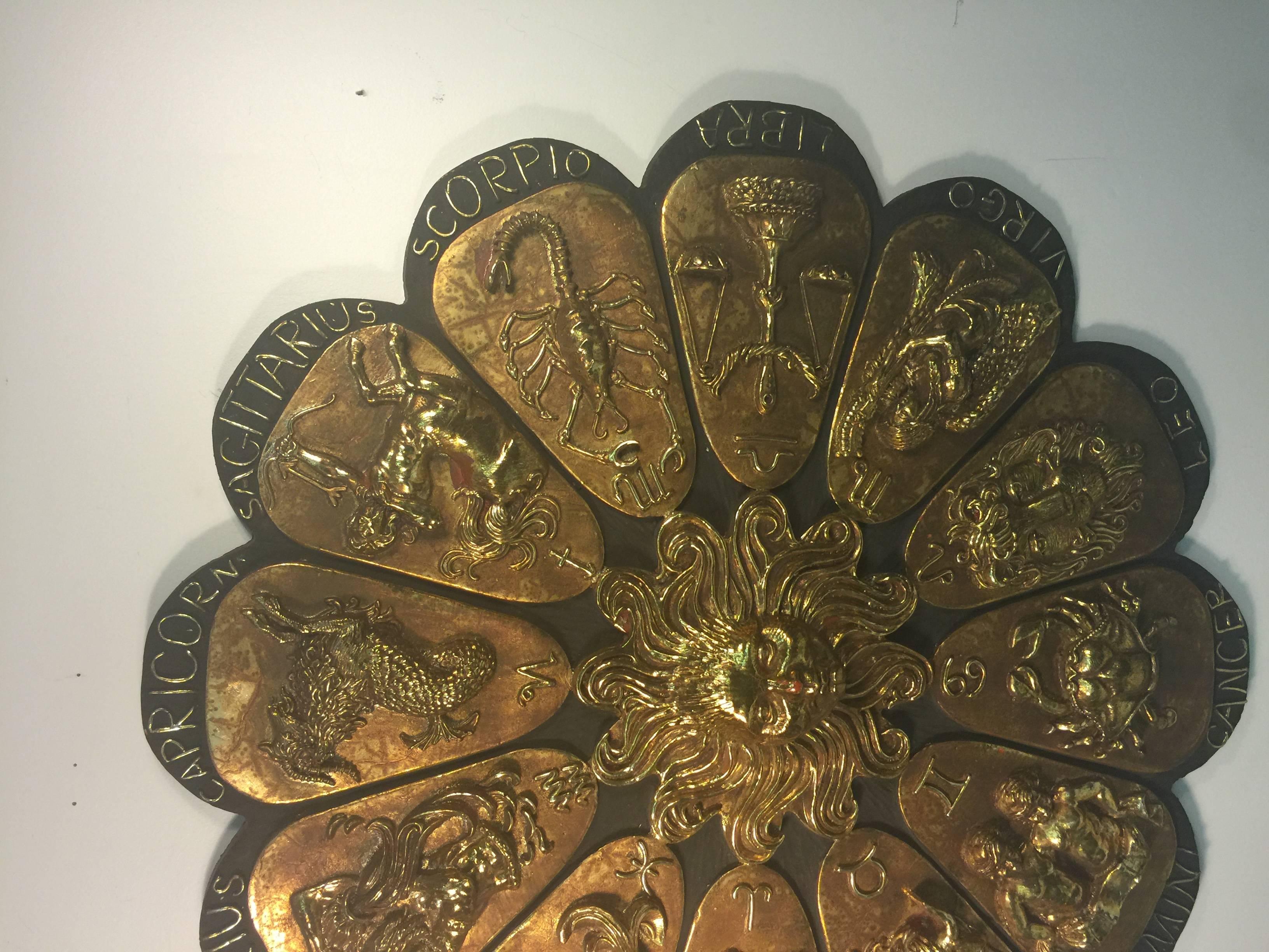 A fabulous bronzed and cast resin wall sculpture or plaque with the 12 signs of the zodiac, circa 1970.