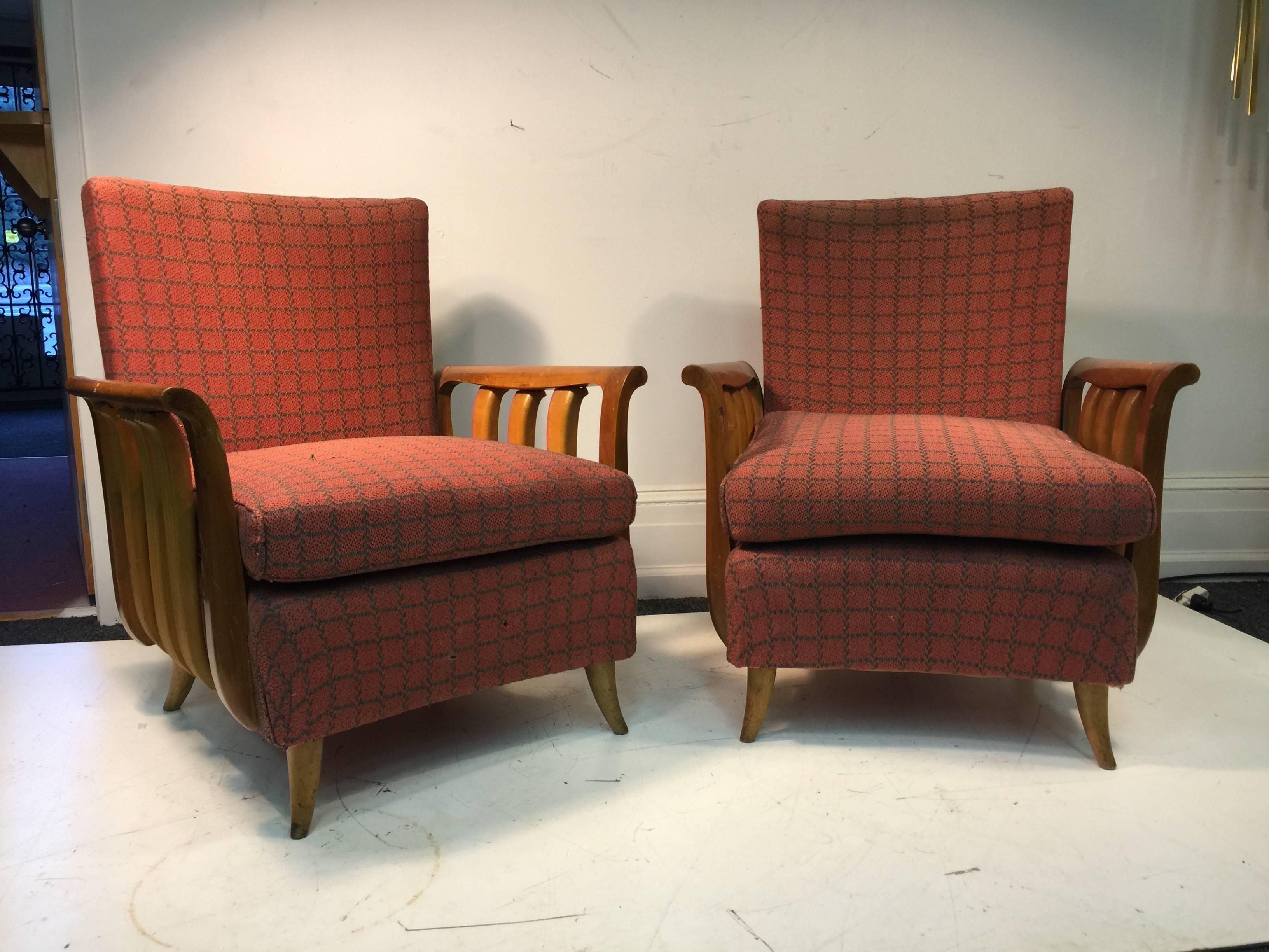 A phenomenal pair of Paolo Buffa style Art Deco carved wood, high back, armchairs or lounge chairs in original fabric, circa 1960s, Italy. Recommended re-upholstery.