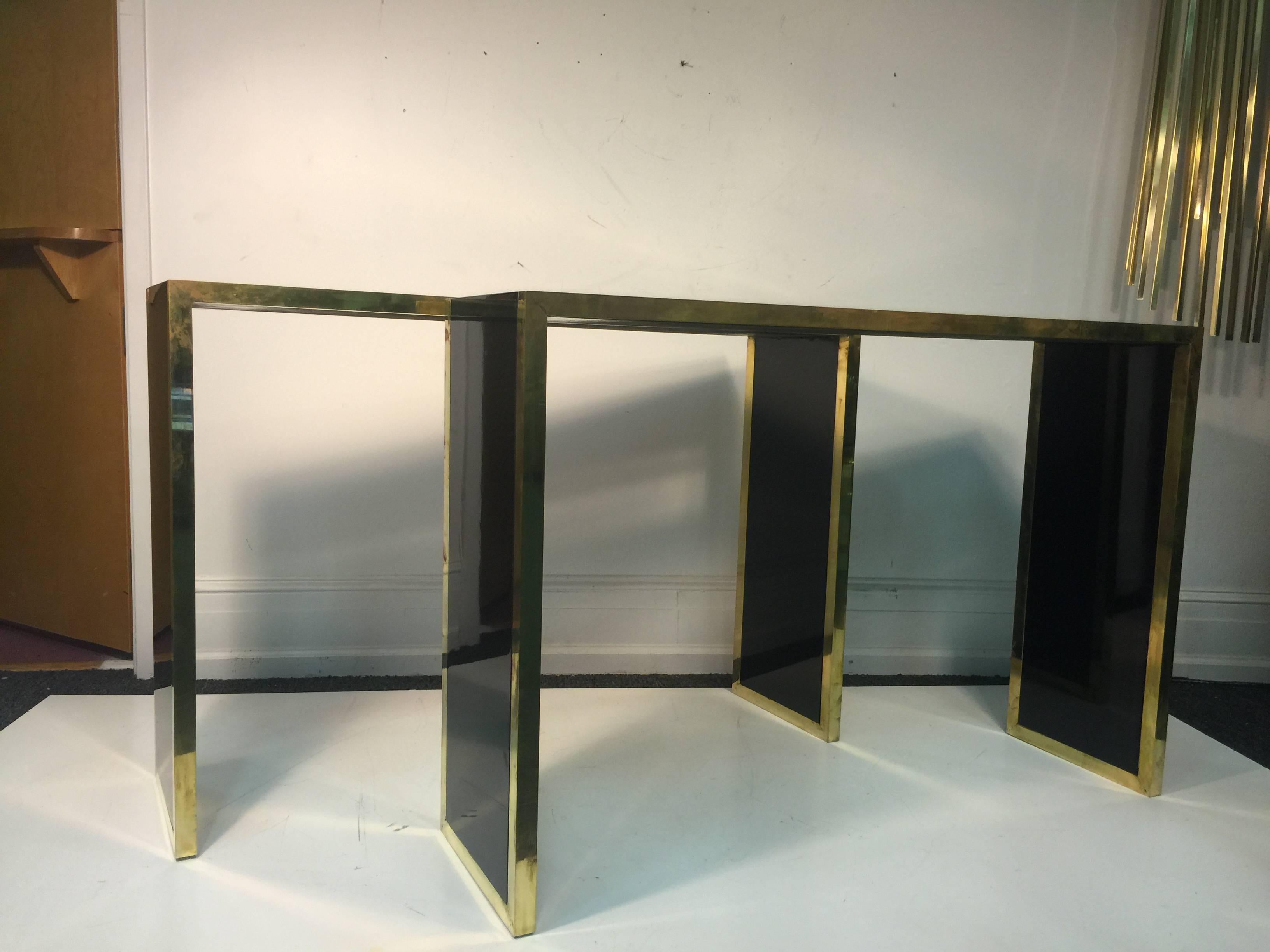 Modern Elegant Pair of Black Lacquer & Brass Console Tables in the Style of Alain Delon For Sale