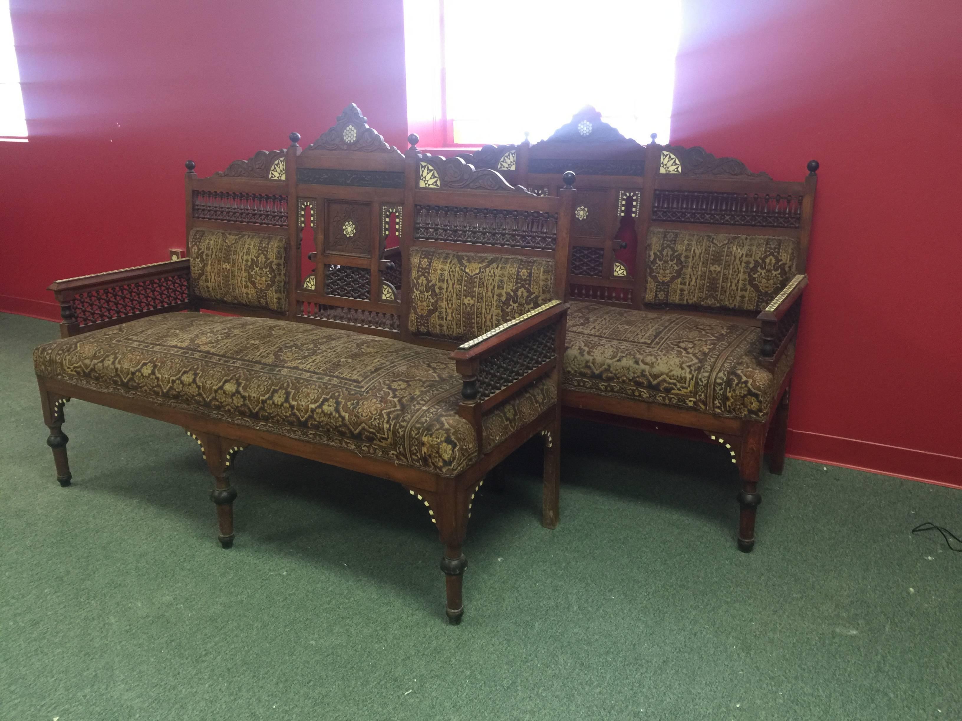 Pair of Outstanding 19th Century Moorish Settee in the Manner of Bugatti In Good Condition For Sale In Mount Penn, PA