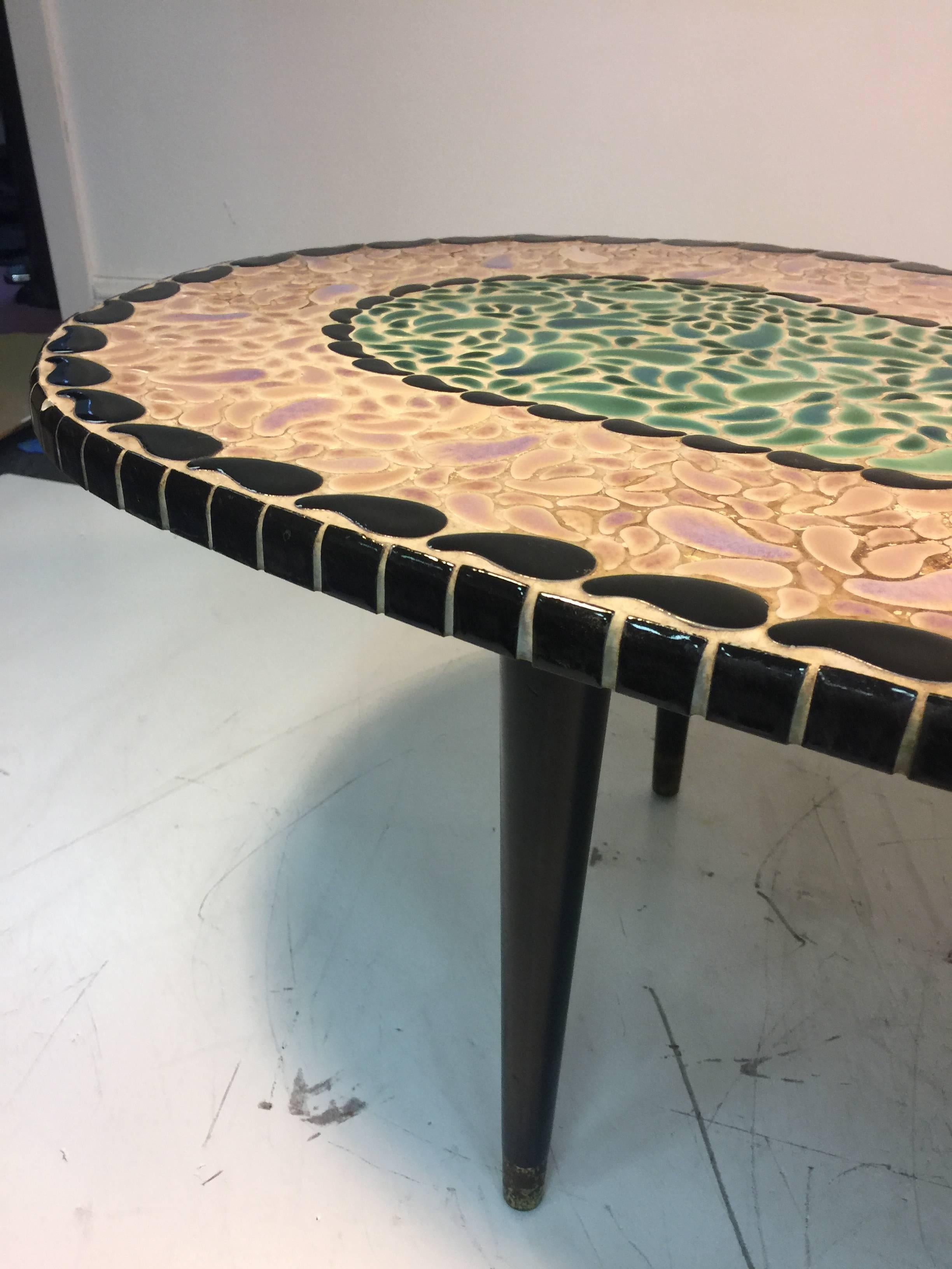 20th Century Magnificent Mosaic Tile Top Coffee Table in an Unusual Kidney Shape For Sale