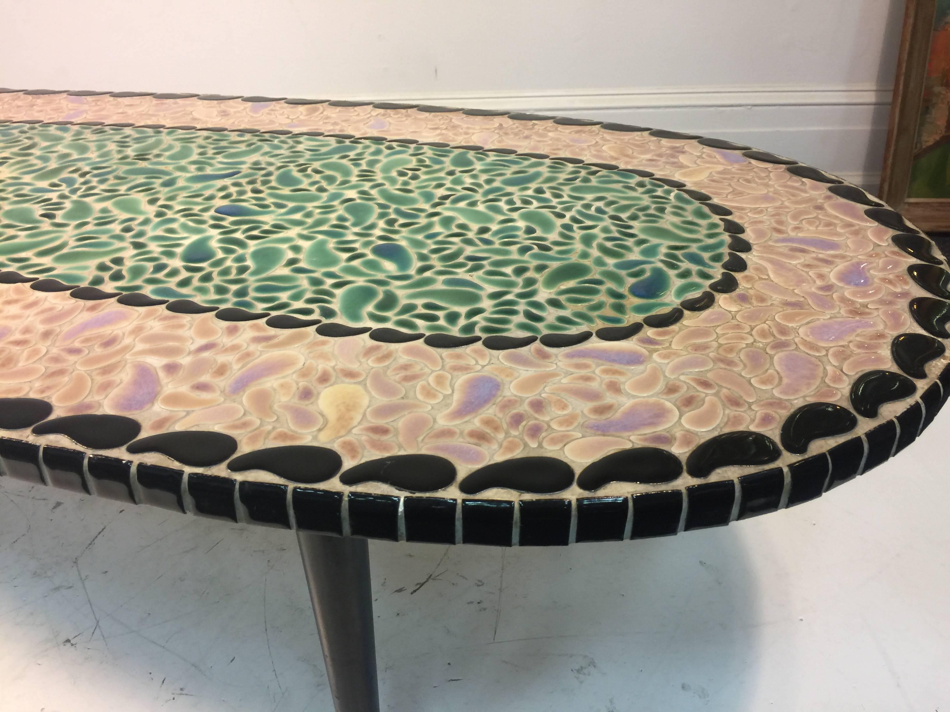 Magnificent Mosaic Tile Top Coffee Table in an Unusual Kidney Shape For Sale 1