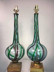 Stylish Pair of Midcentury Ribbed Murano Glass Lamps with Beautiful Design