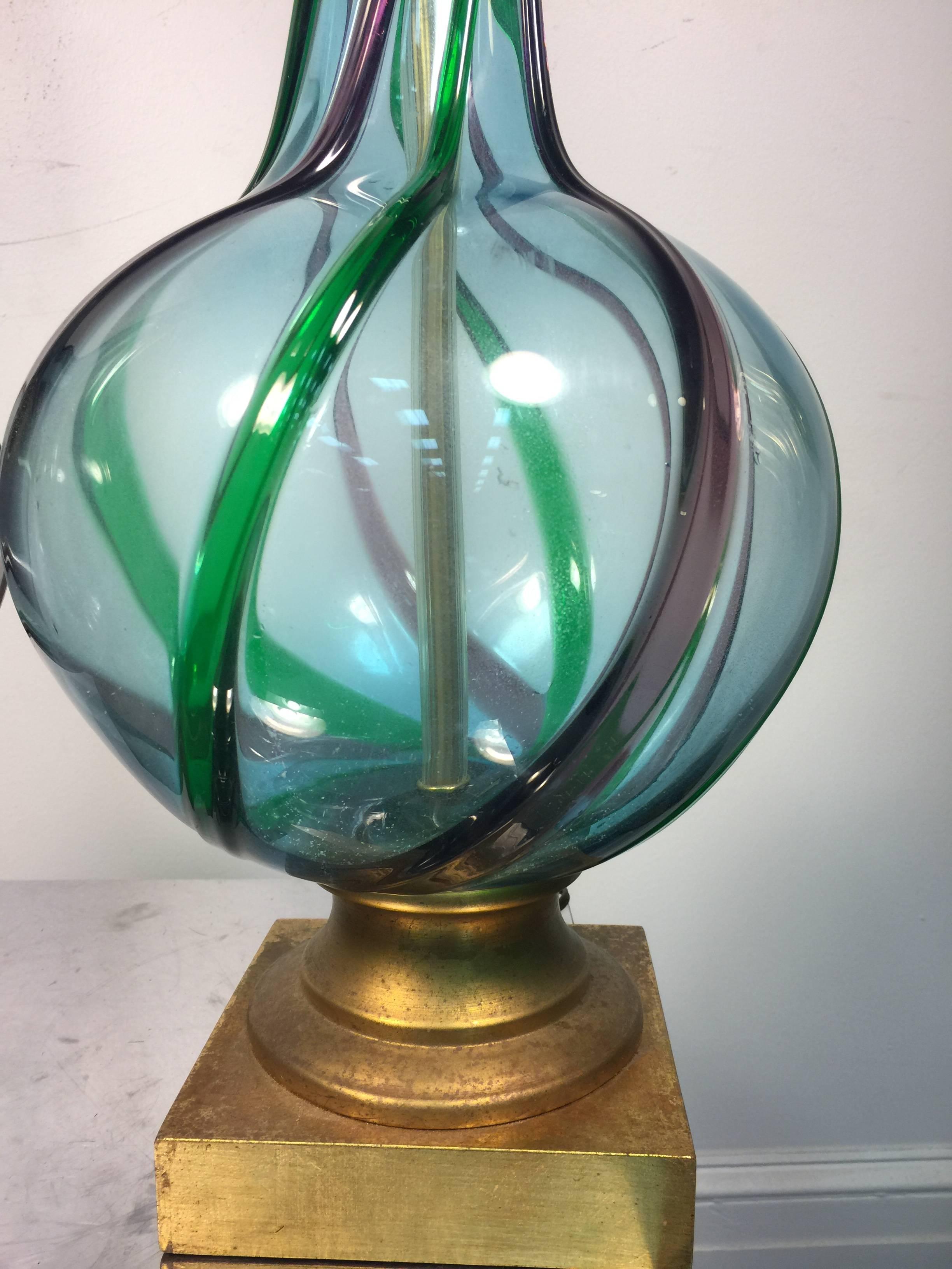 Stylish Pair of Midcentury Ribbed Murano Glass Lamps with Beautiful Design For Sale 2