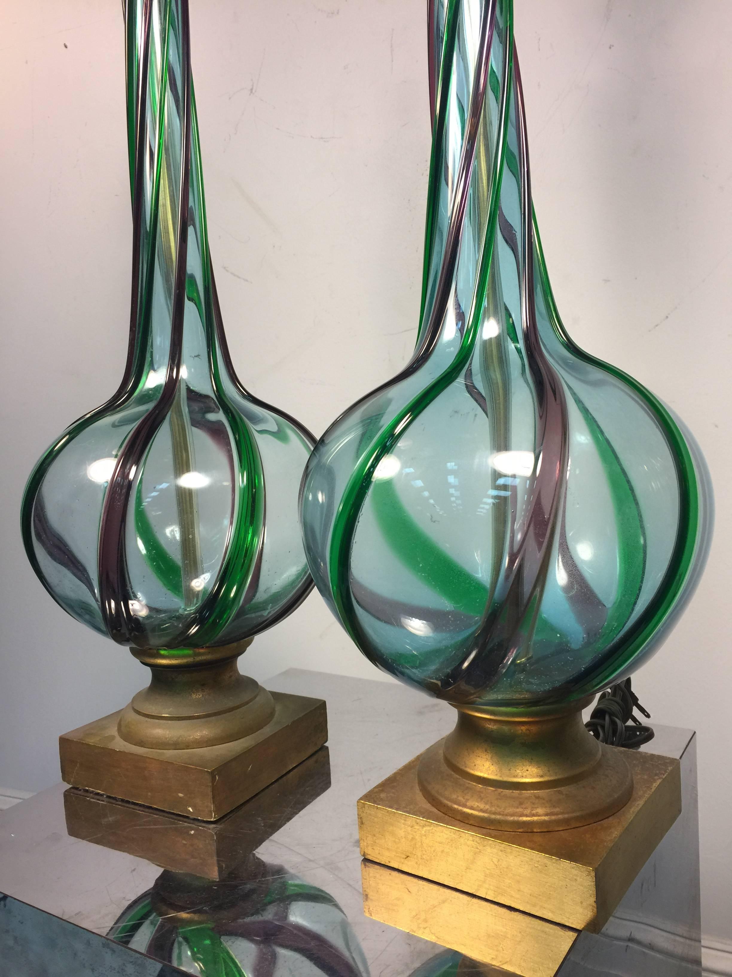Mid-Century Modern Stylish Pair of Midcentury Ribbed Murano Glass Lamps with Beautiful Design For Sale