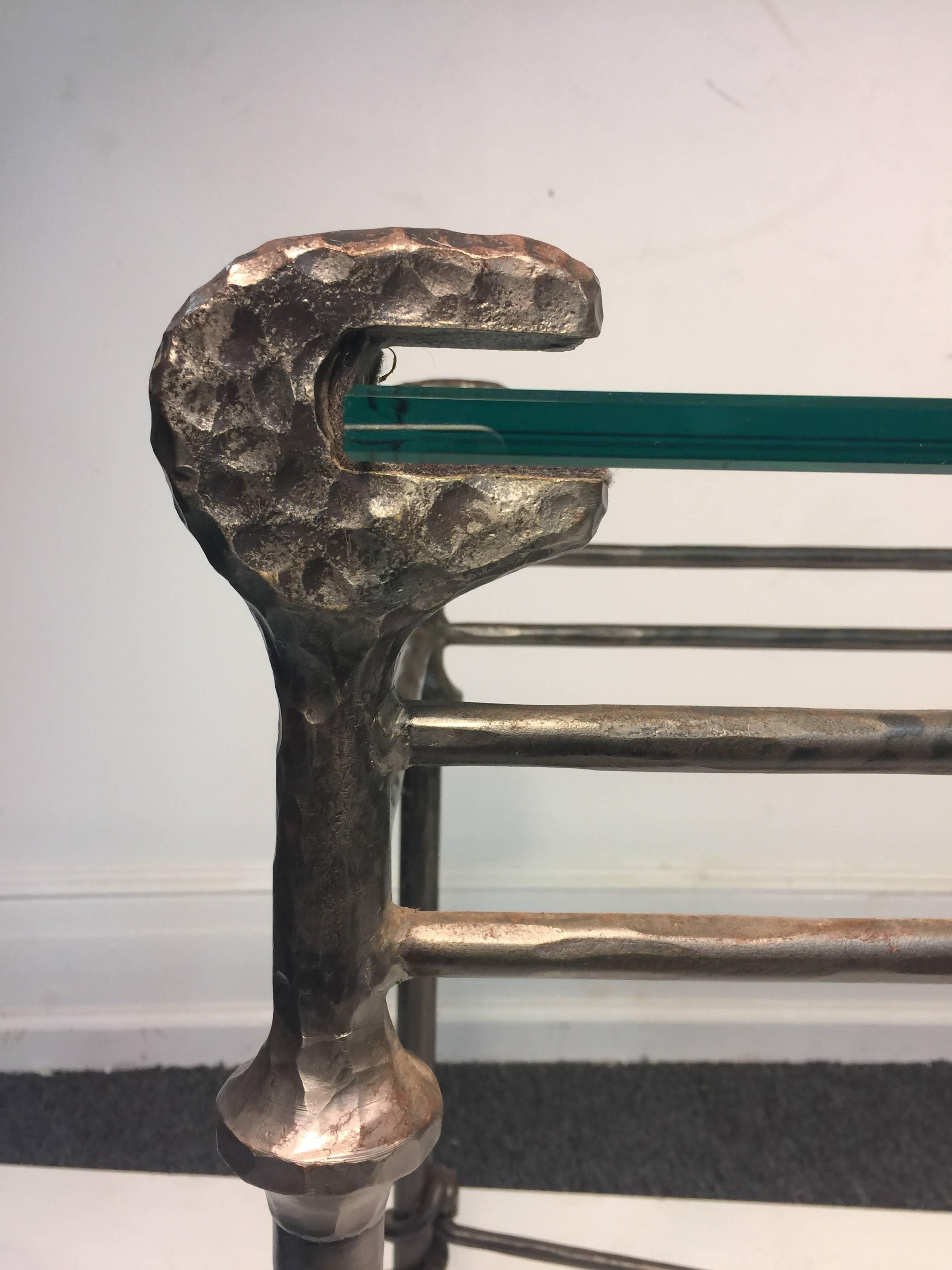Glass Hammered Iron Hall Table in the Manner of Diego Giacometti  For Sale