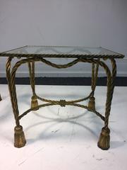 Gorgeous Pair of Italian Gilt Metal Jansen Style Rope & Tassel Motif Side Tables