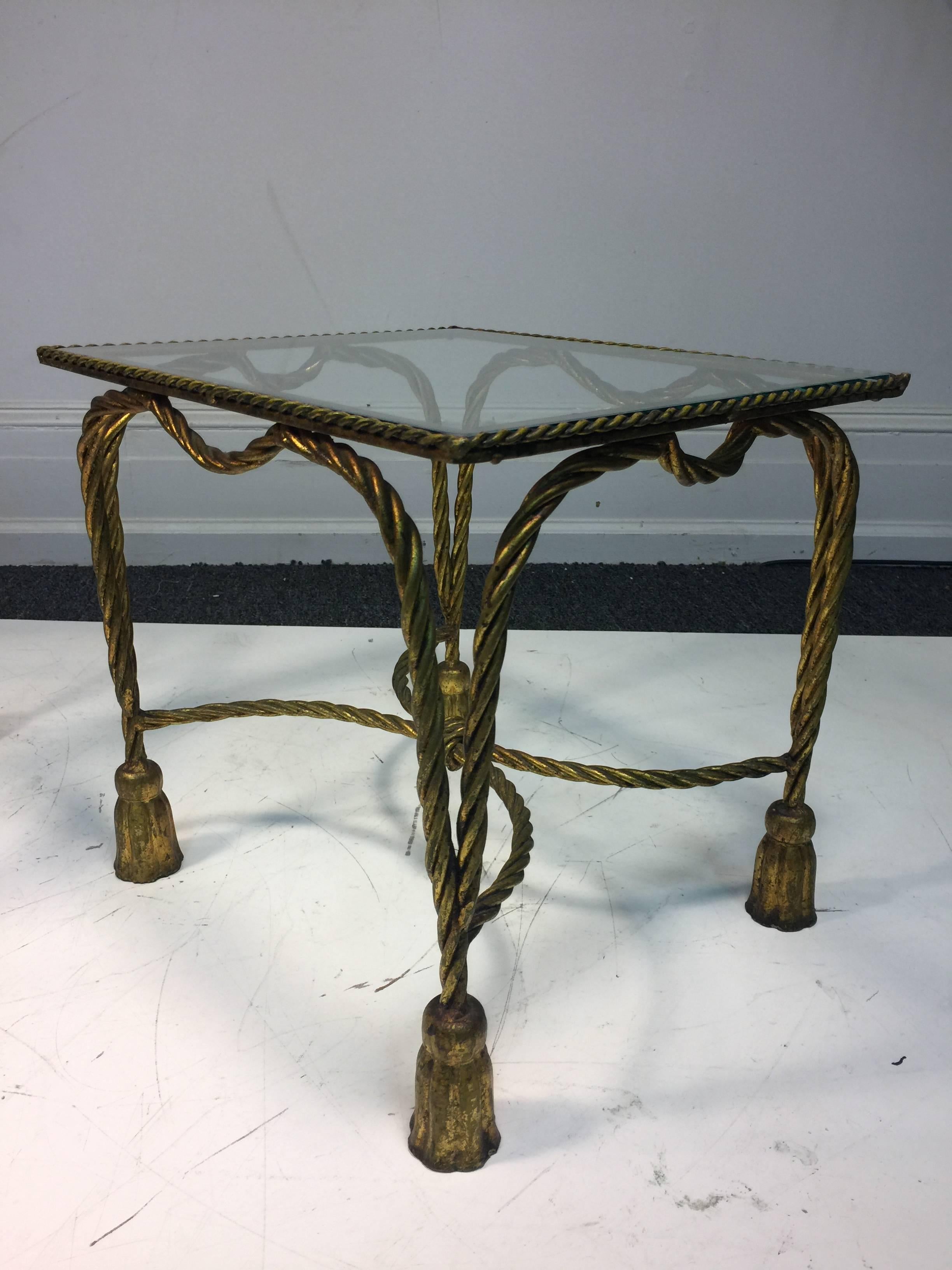Gorgeous Pair of Italian Gilt Metal Jansen Style Rope & Tassel Motif Side Tables In Good Condition For Sale In Mount Penn, PA