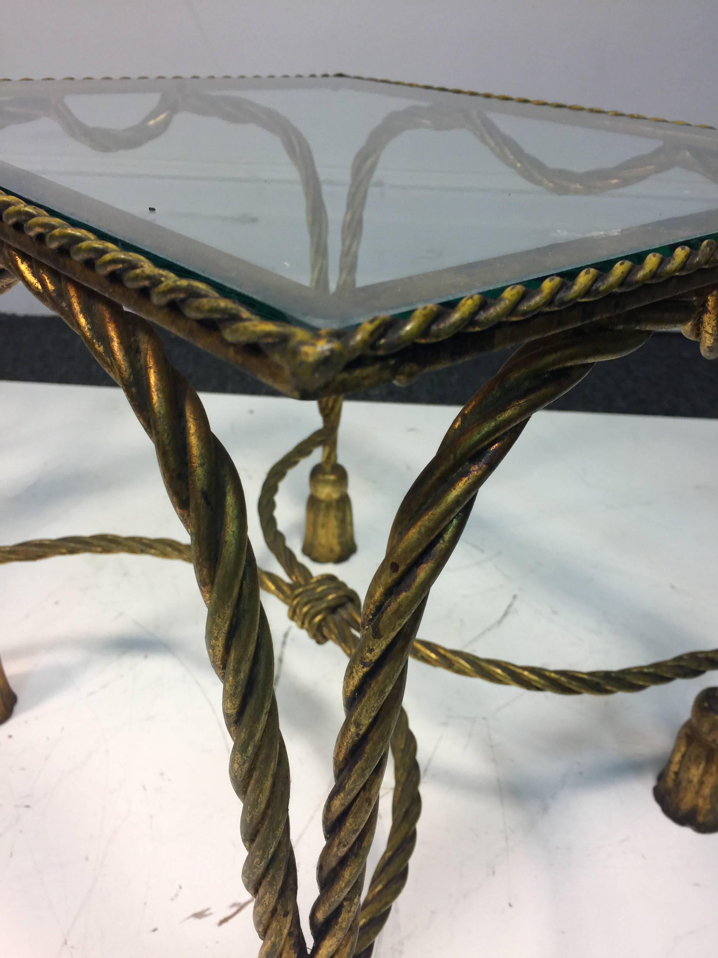 Modern Gorgeous Pair of Italian Gilt Metal Jansen Style Rope & Tassel Motif Side Tables For Sale