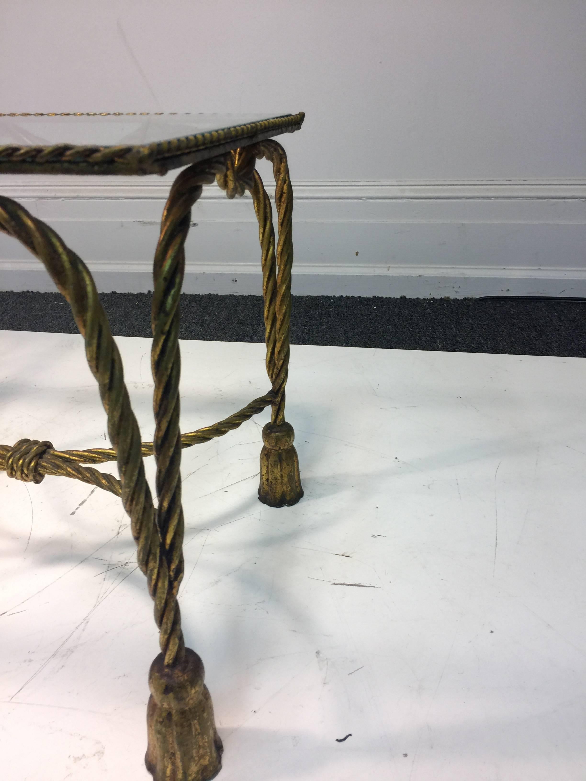 Gorgeous Pair of Italian Gilt Metal Jansen Style Rope & Tassel Motif Side Tables For Sale 1