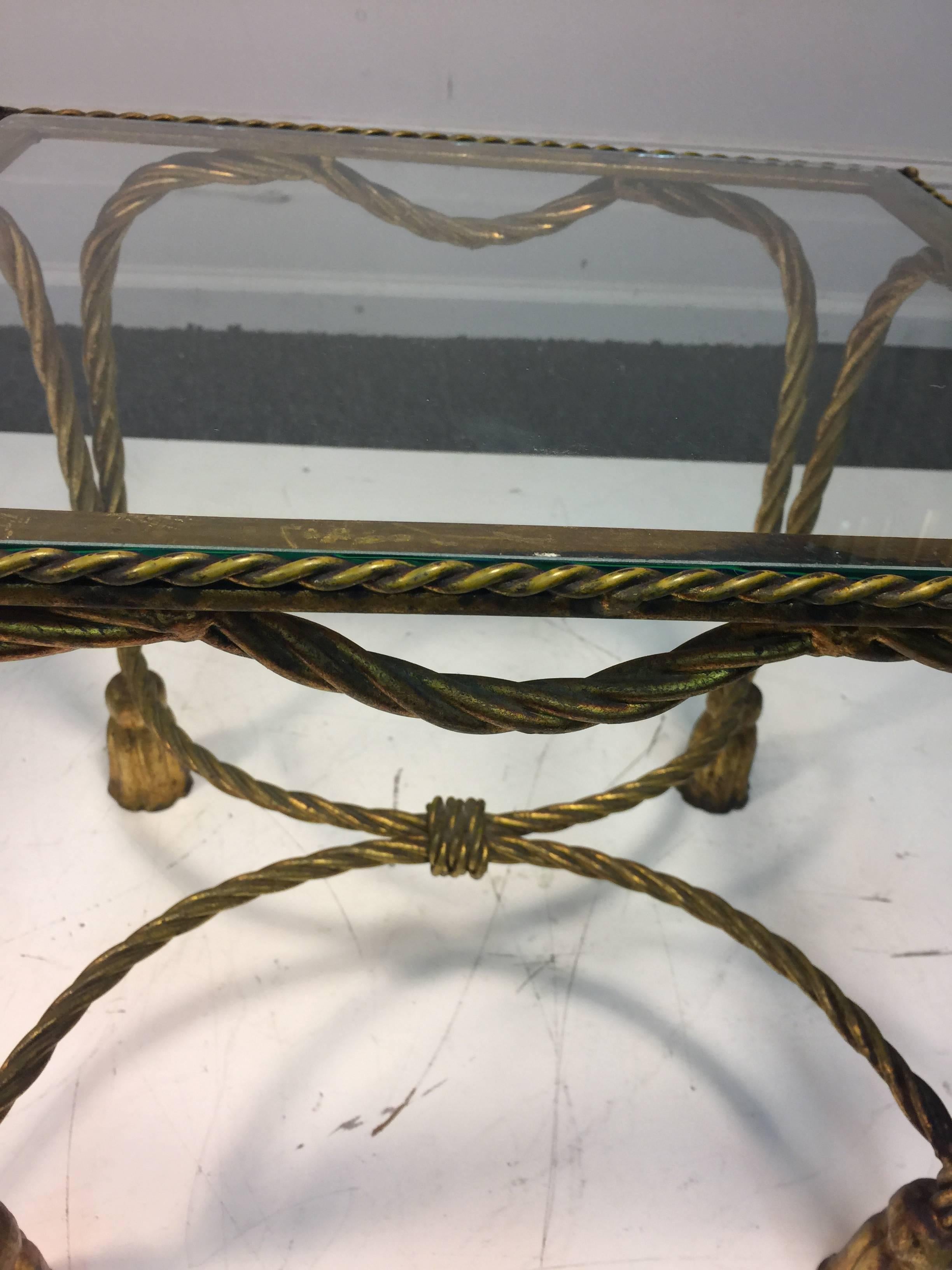 Gorgeous Pair of Italian Gilt Metal Jansen Style Rope & Tassel Motif Side Tables For Sale 2