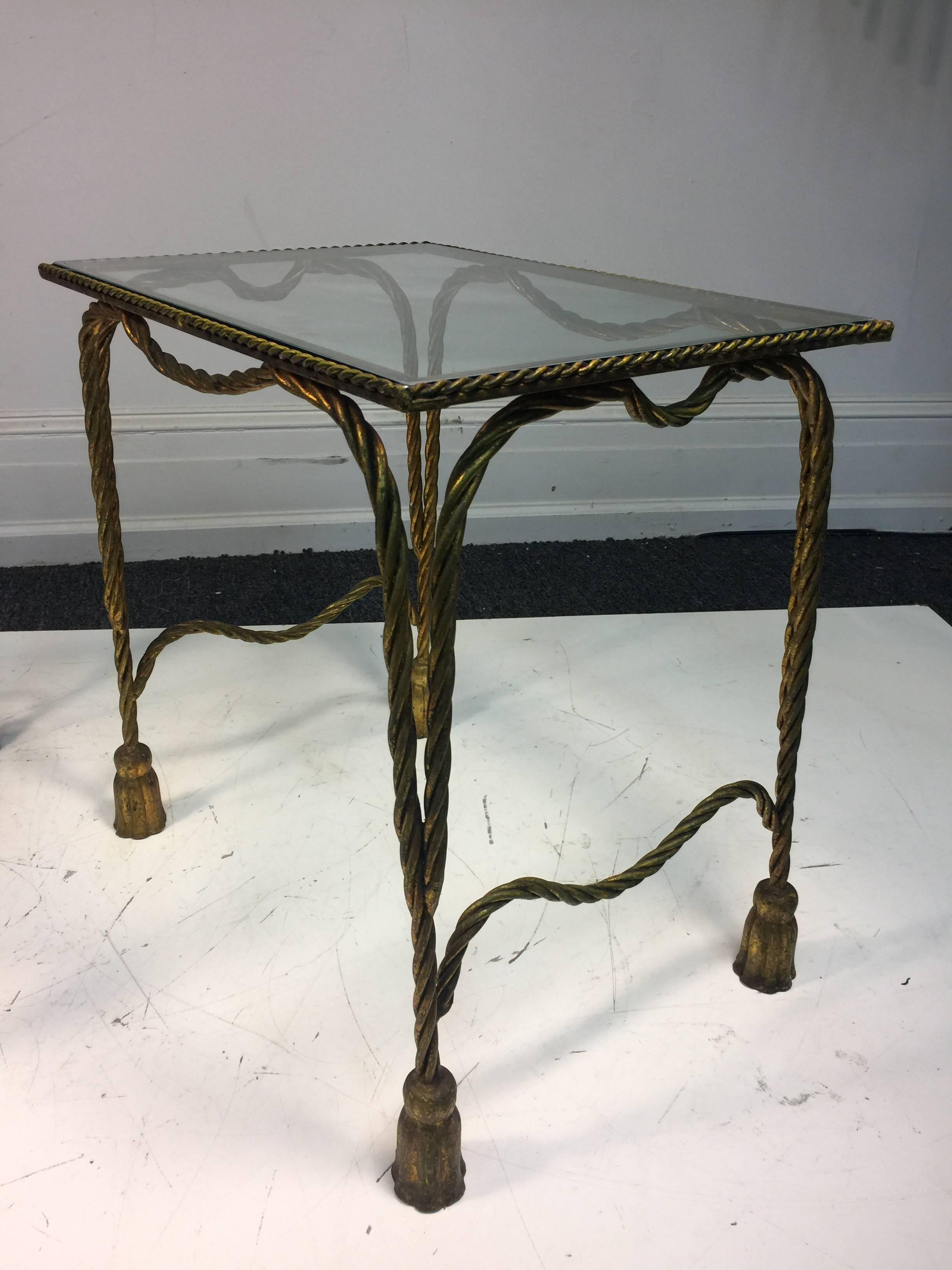 Stunning Pair of Italian Gilt Metal Jansen Style Rope & Tassel Motif Side Tables In Good Condition For Sale In Mount Penn, PA