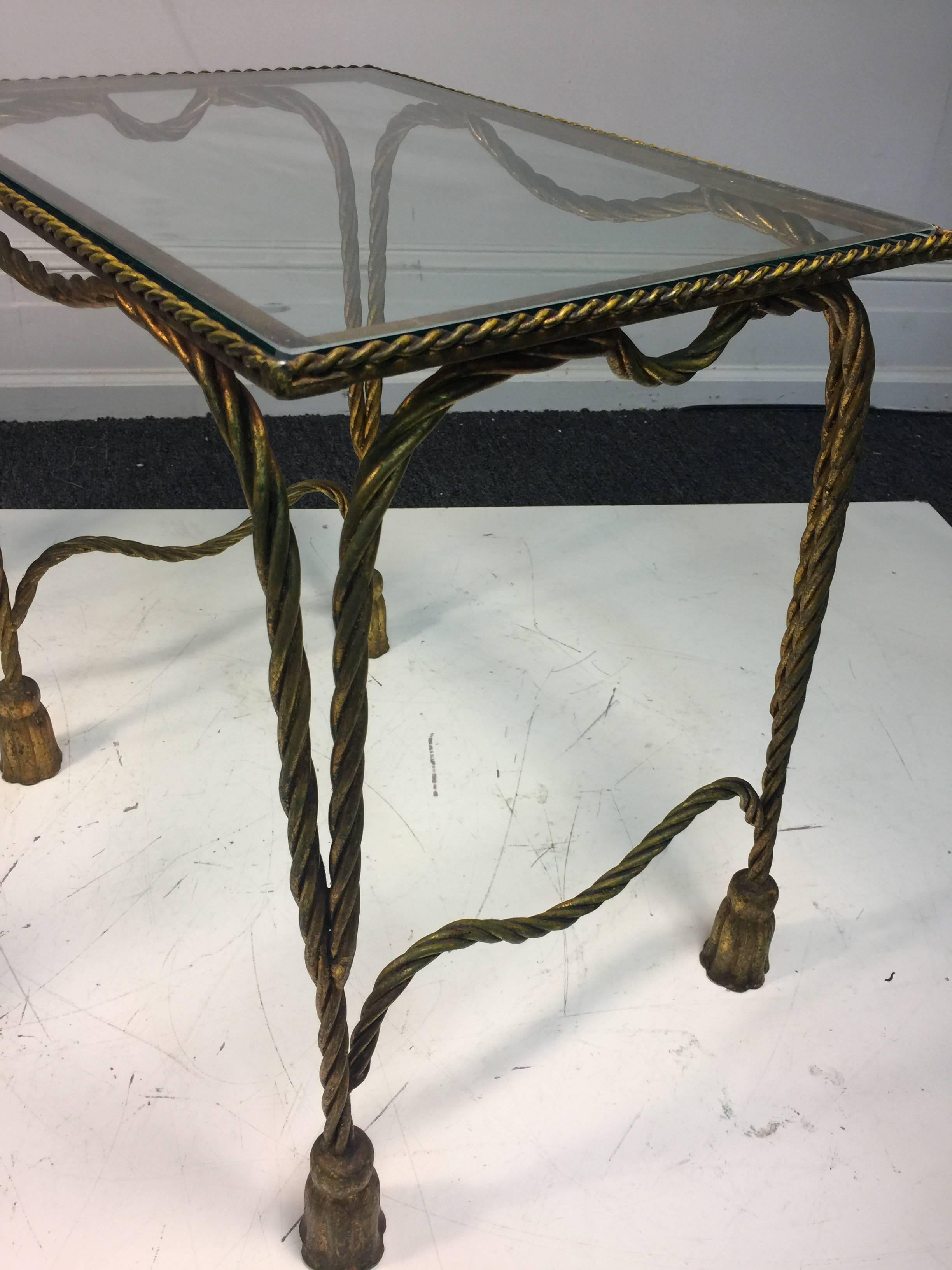 20th Century Stunning Pair of Italian Gilt Metal Jansen Style Rope & Tassel Motif Side Tables For Sale