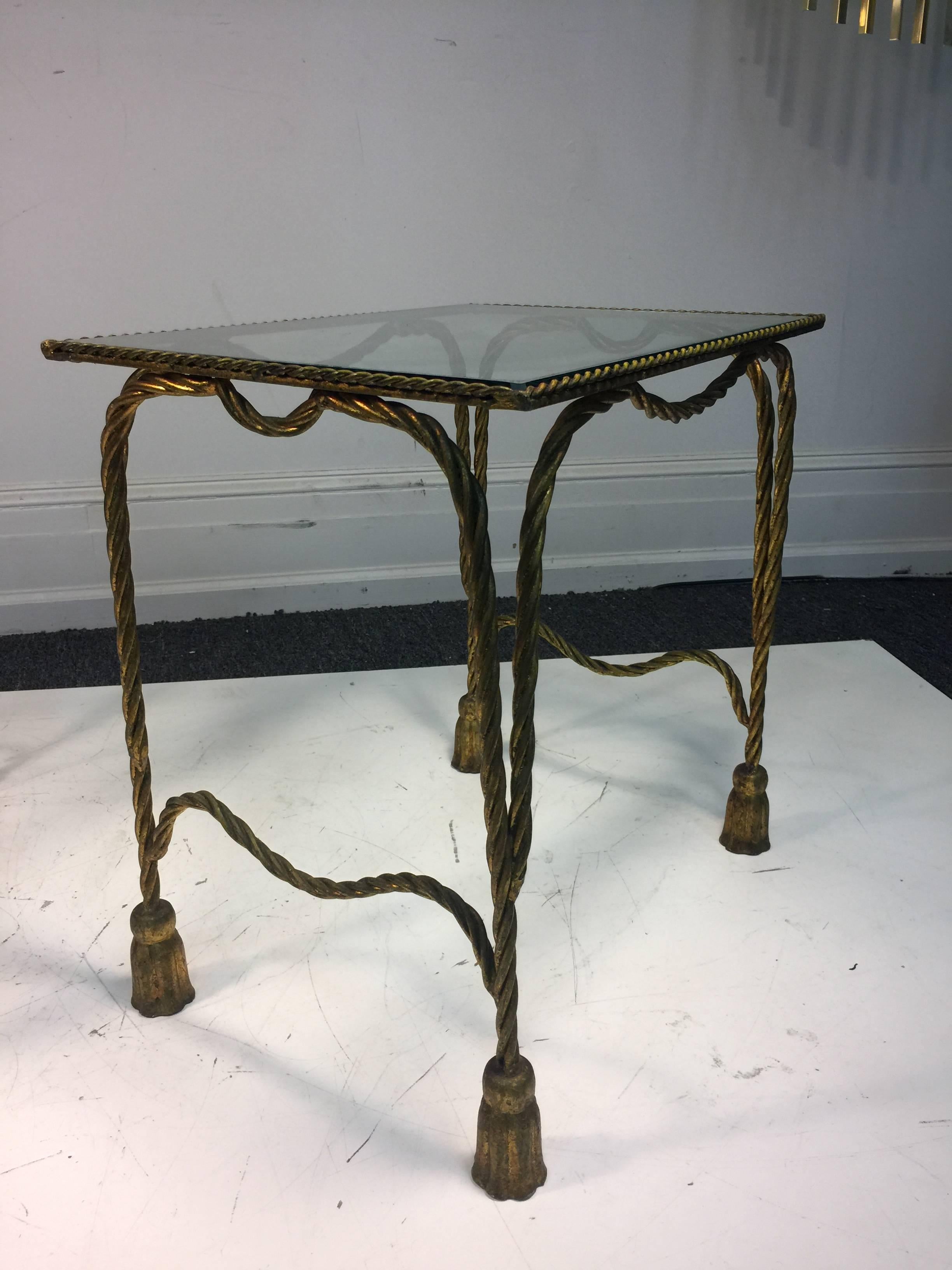 Stunning Pair of Italian Gilt Metal Jansen Style Rope & Tassel Motif Side Tables For Sale 1