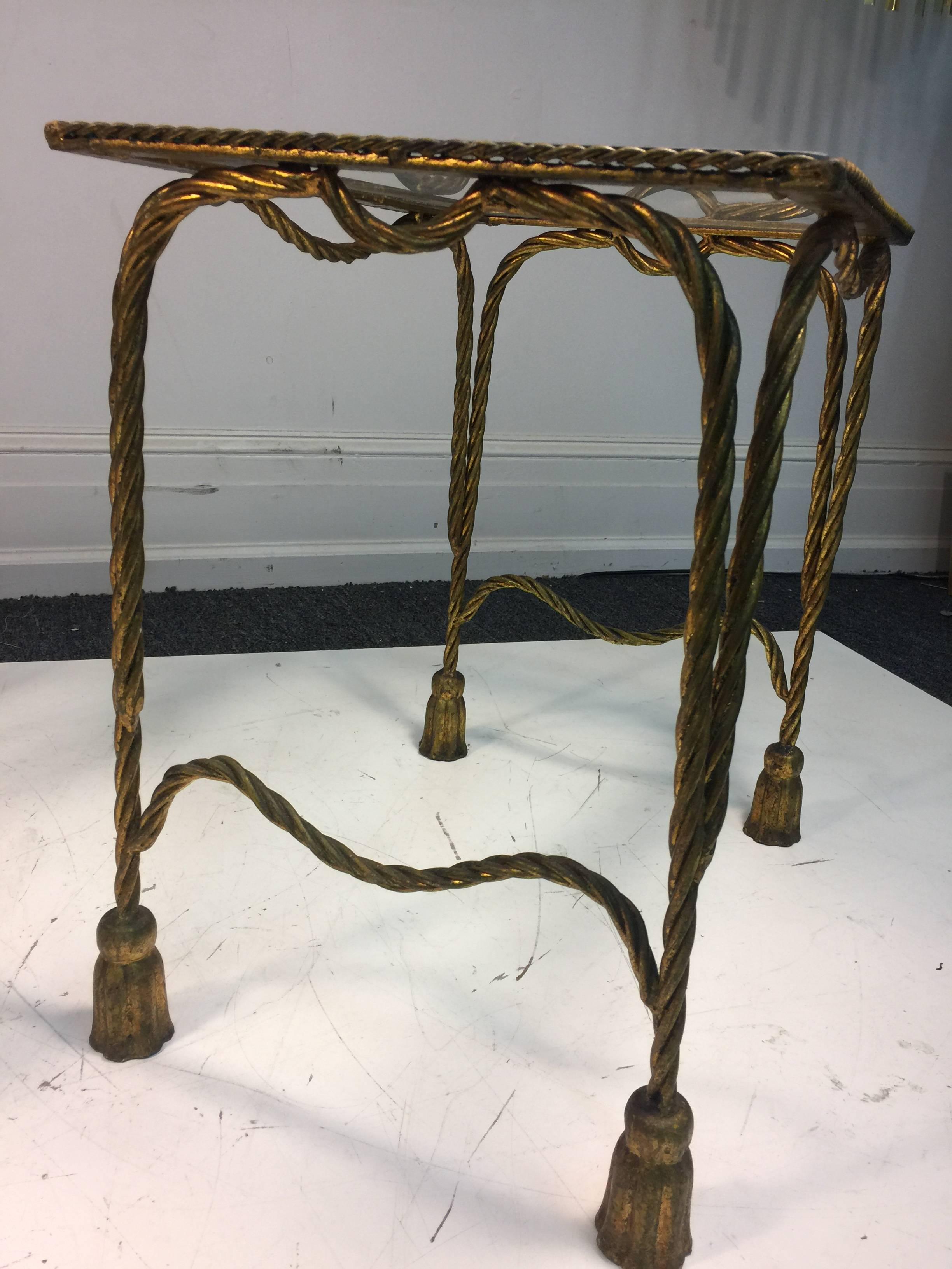 Stunning Pair of Italian Gilt Metal Jansen Style Rope & Tassel Motif Side Tables For Sale 3