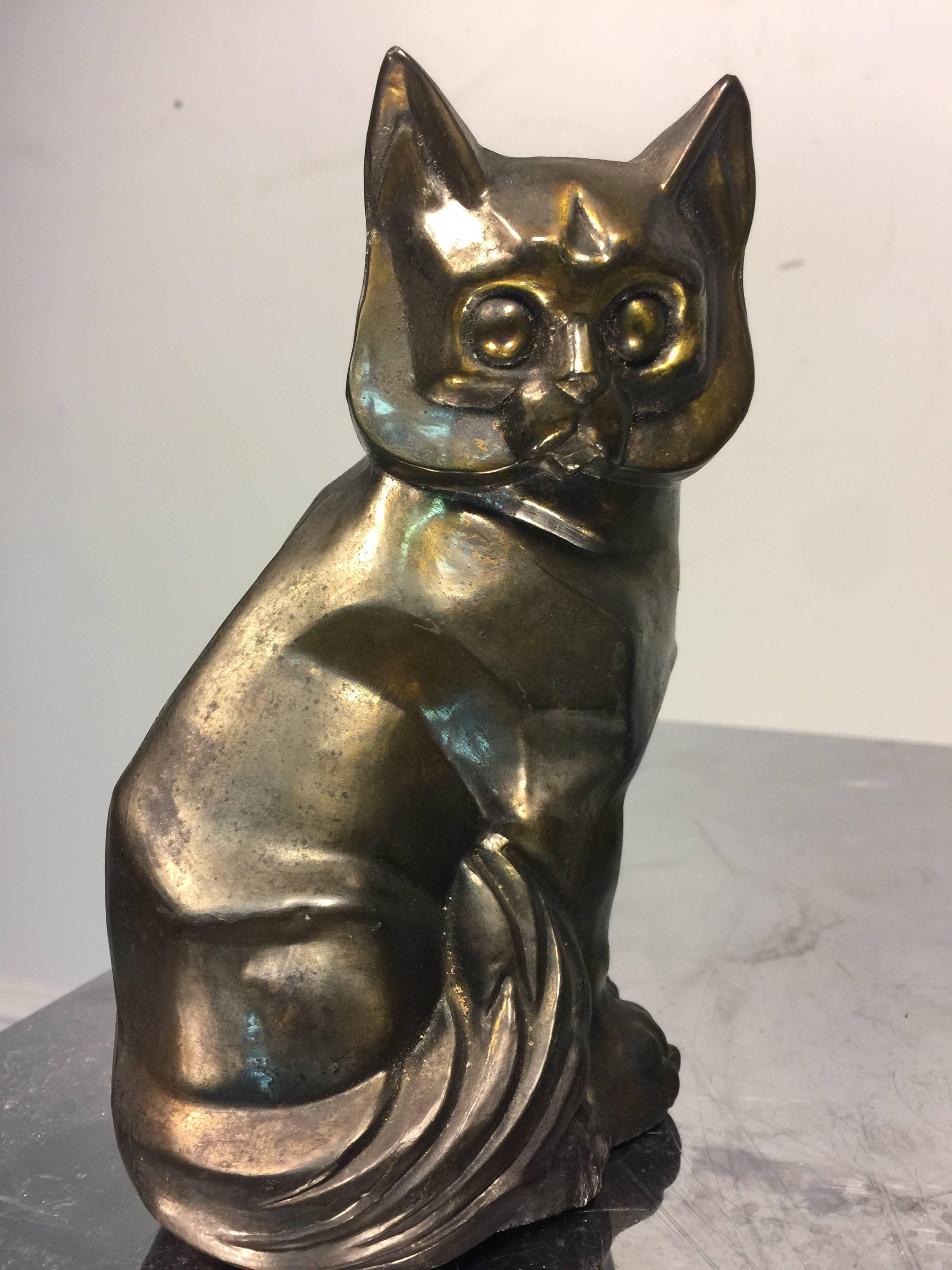 Art Deco Style Pair of Cast Metal Cubist Cat Form Bookends For Sale 1