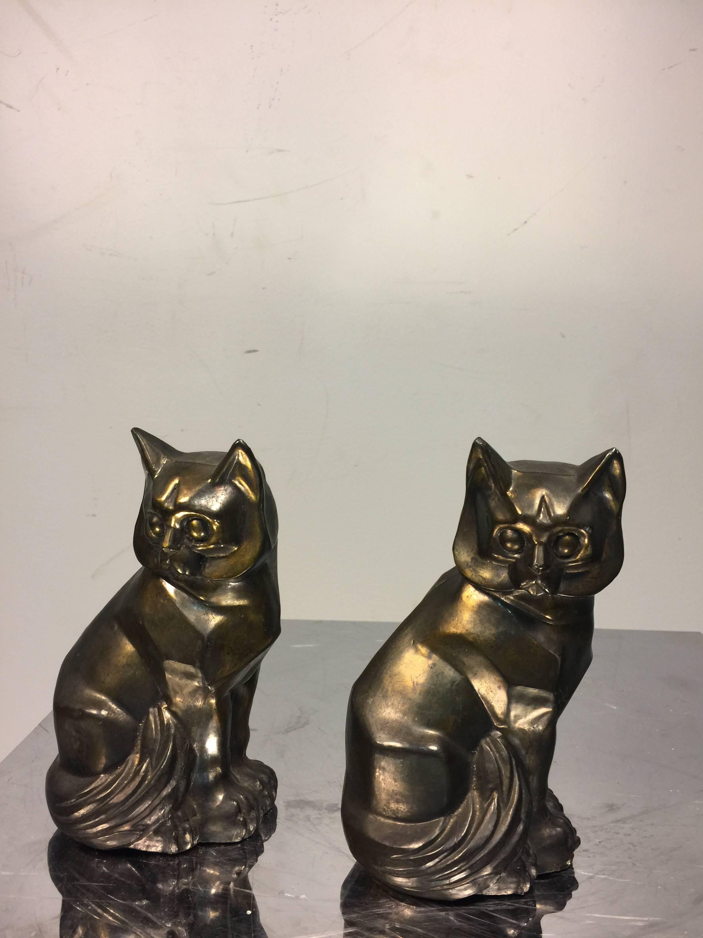Art Deco Style Pair of Cast Metal Cubist Cat Form Bookends In Good Condition For Sale In Mount Penn, PA