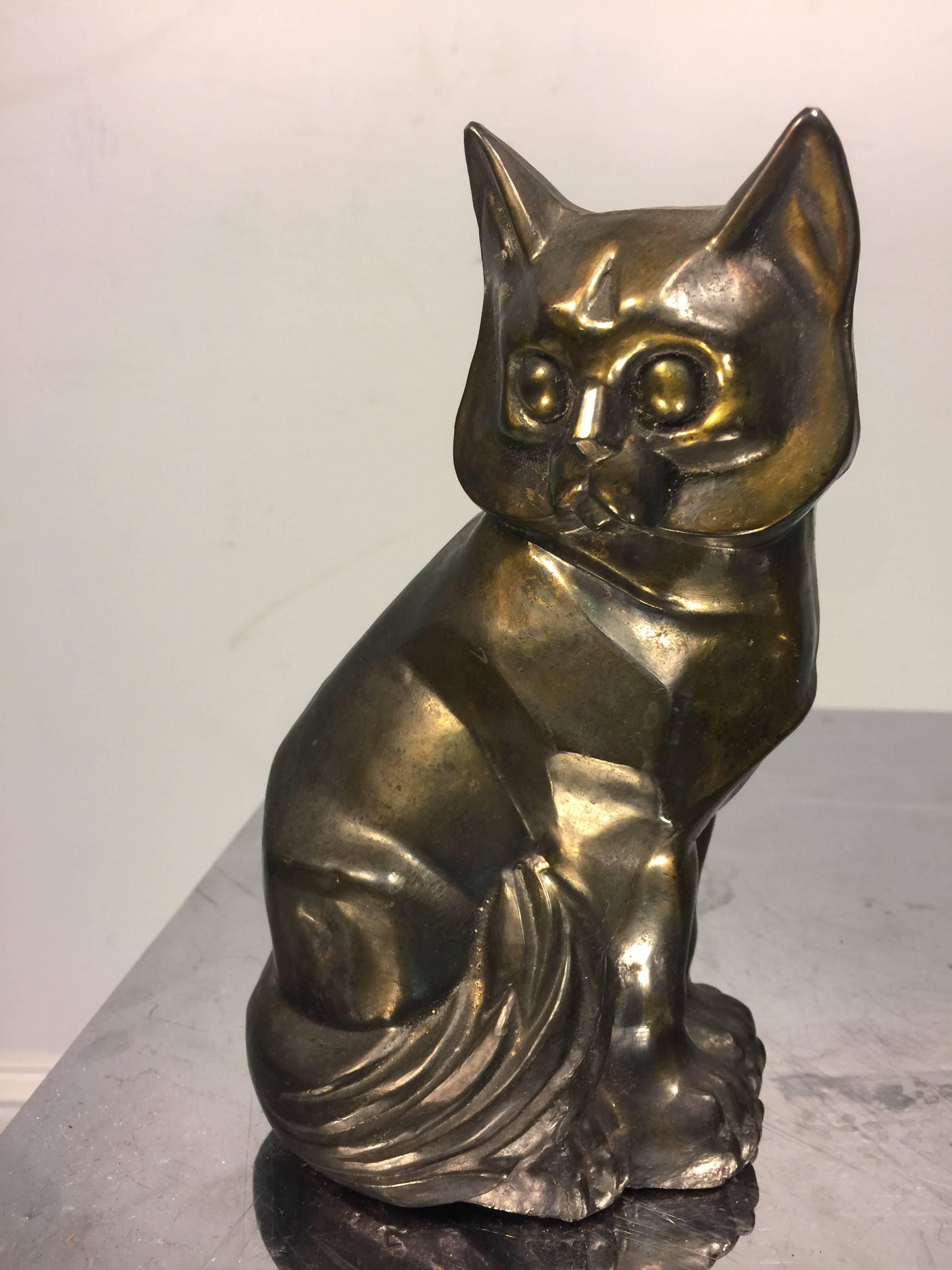 Art Deco Style Pair of Cast Metal Cubist Cat Form Bookends For Sale 2