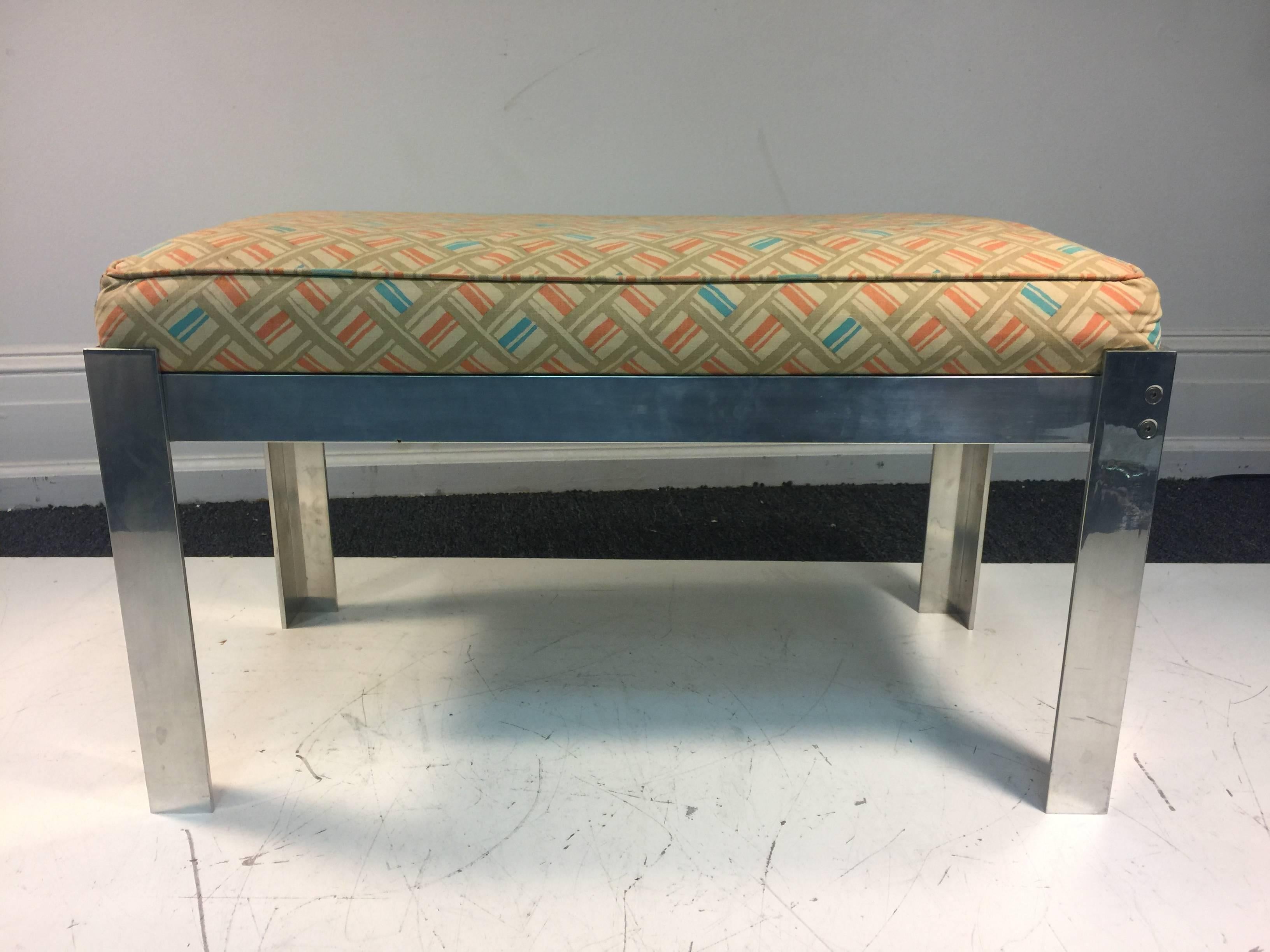 American Stylish Chrome Bench in the Manner of Karl Springer with Original Upholstery For Sale