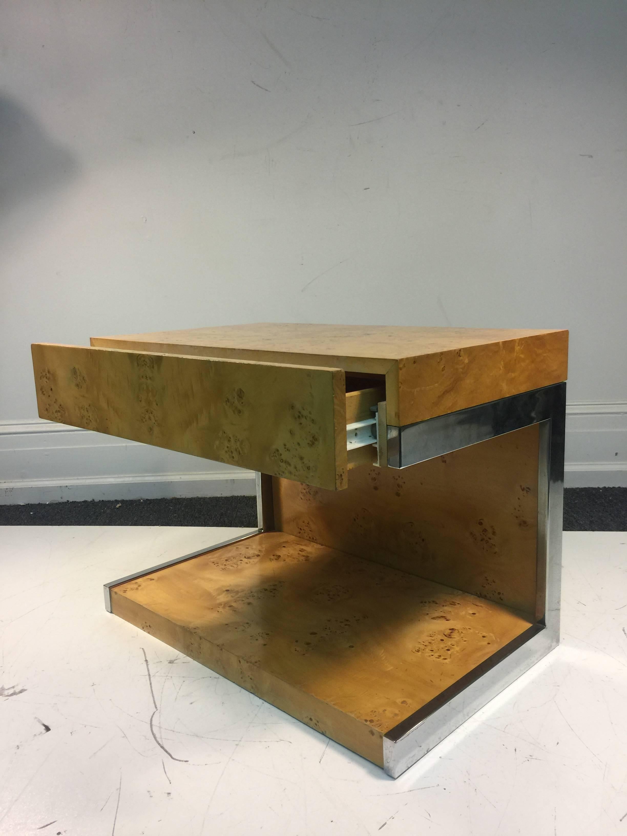 Magnificent Milo Baughman Burl Wood Console Table with Chrome Sides For Sale 1