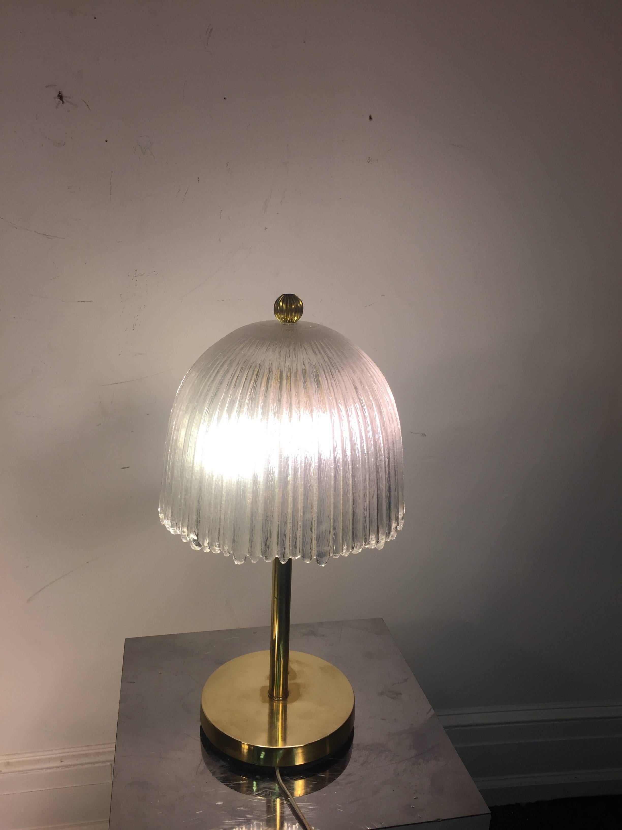 Brass Elegant Pair of French Tulip Shade Table Lamps in the Manner of Rene Lalique For Sale