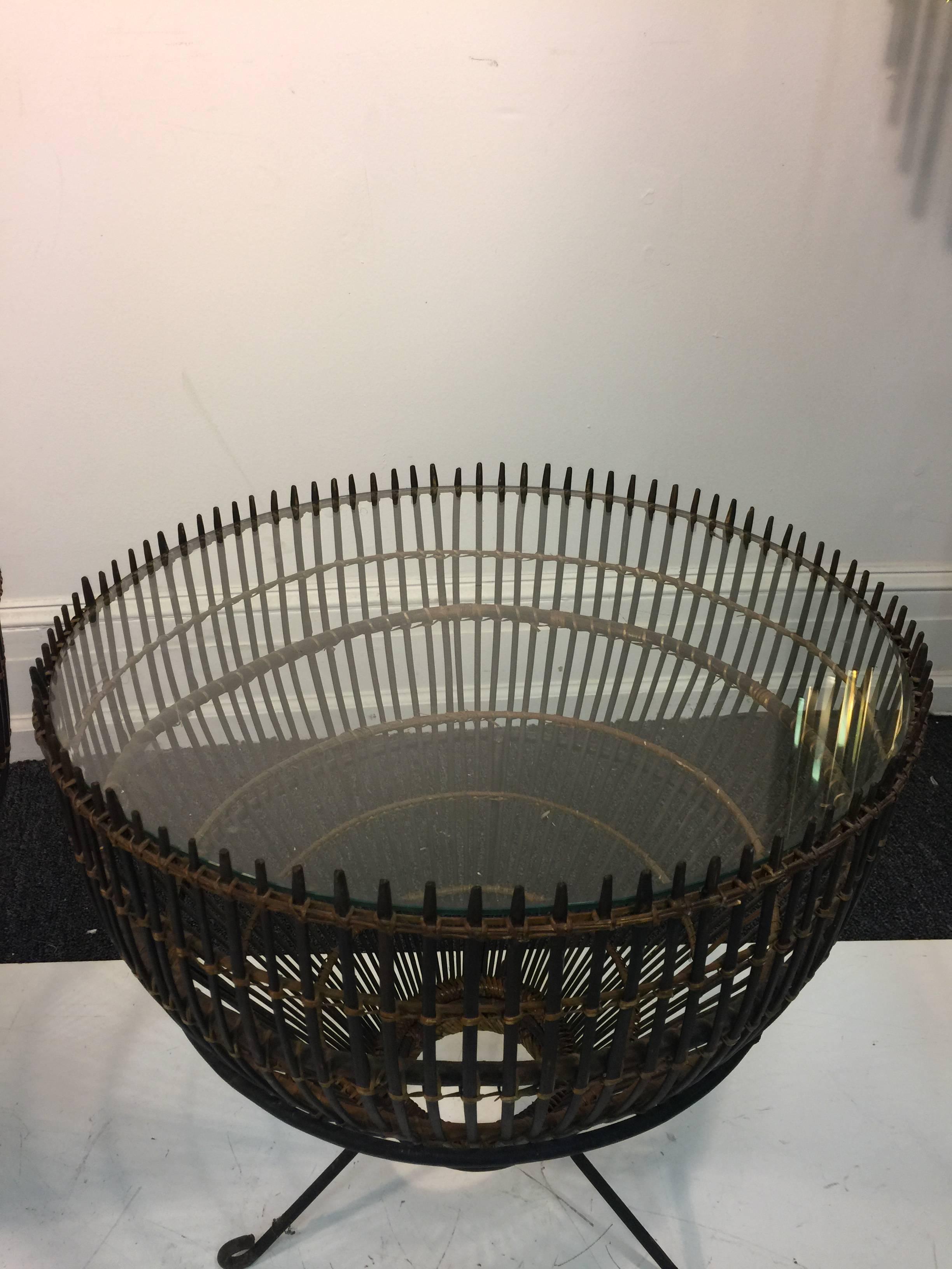 Italian Fantastic Pair of Franco Albini Rattan Fish Basket Side Tables For Sale