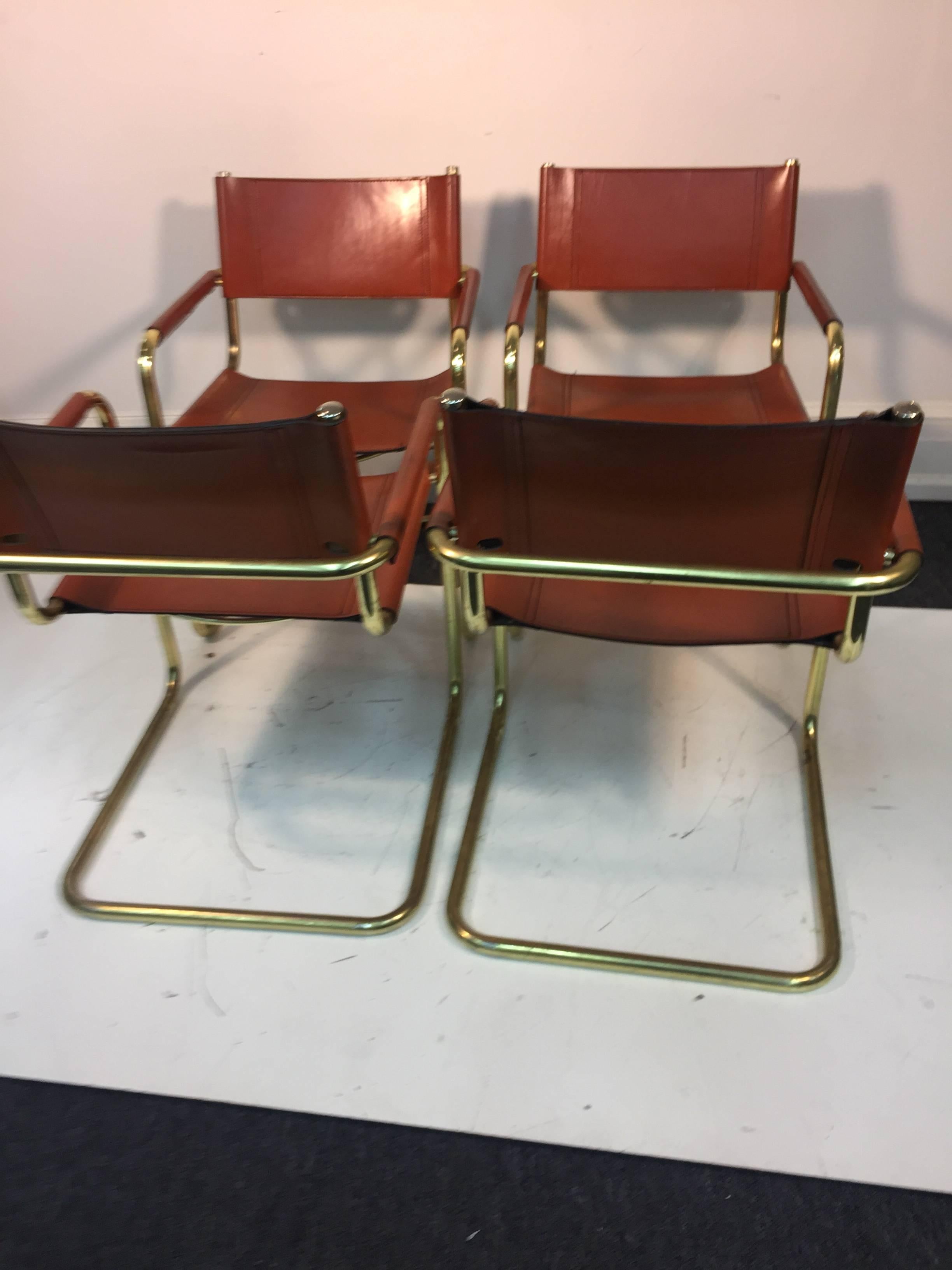Stunning Set of Six Leather and Brass Tubular Chairs by Mart Stam In Good Condition In Mount Penn, PA