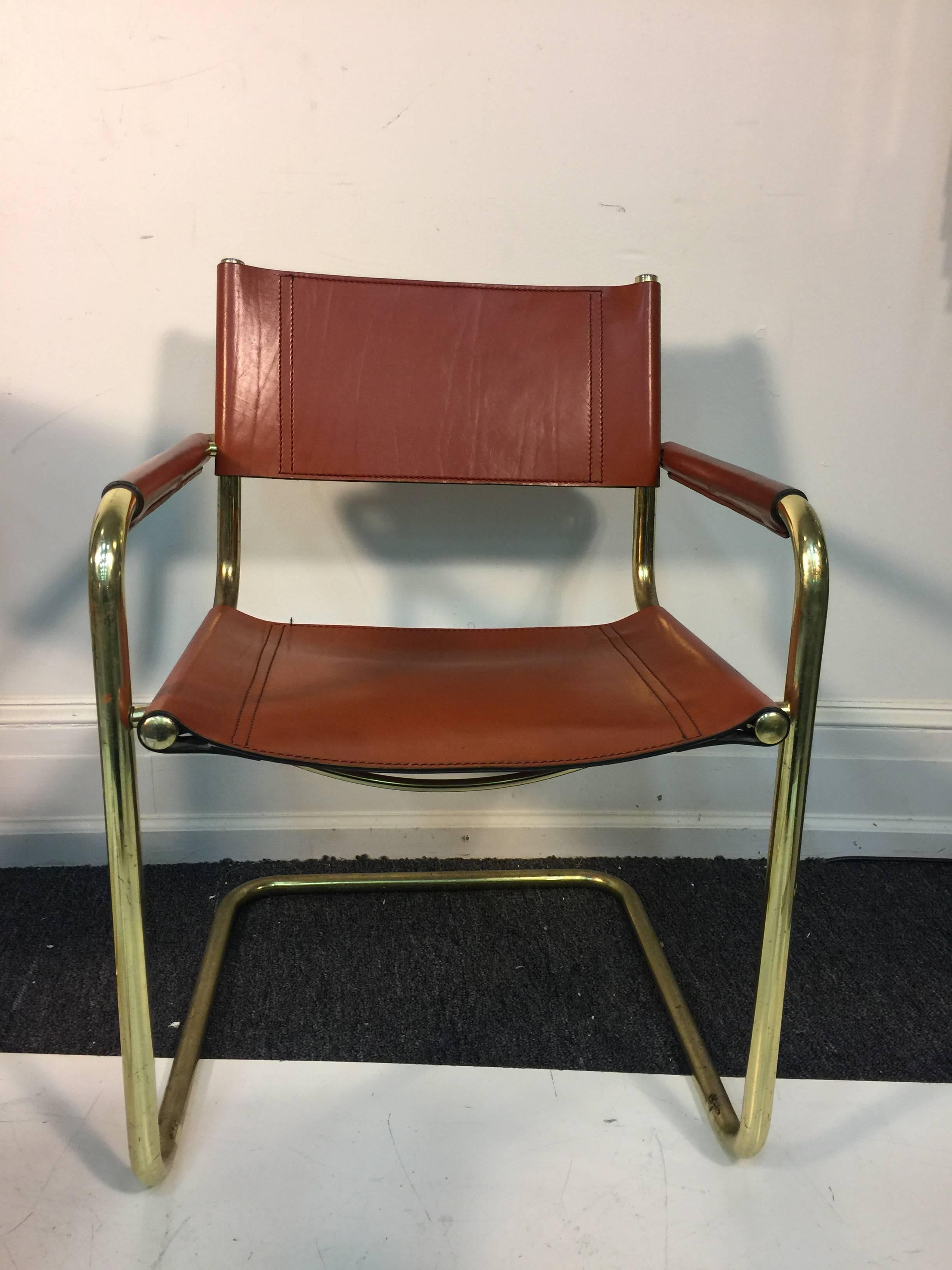 Stunning Set of Six Leather and Brass Tubular Chairs by Mart Stam 1