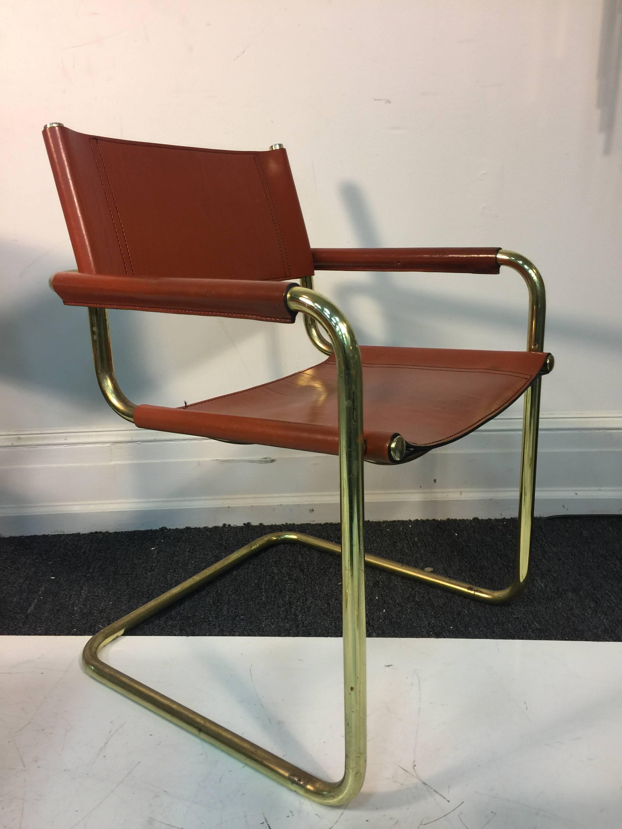 Stunning Set of Six Leather and Brass Tubular Chairs by Mart Stam 2