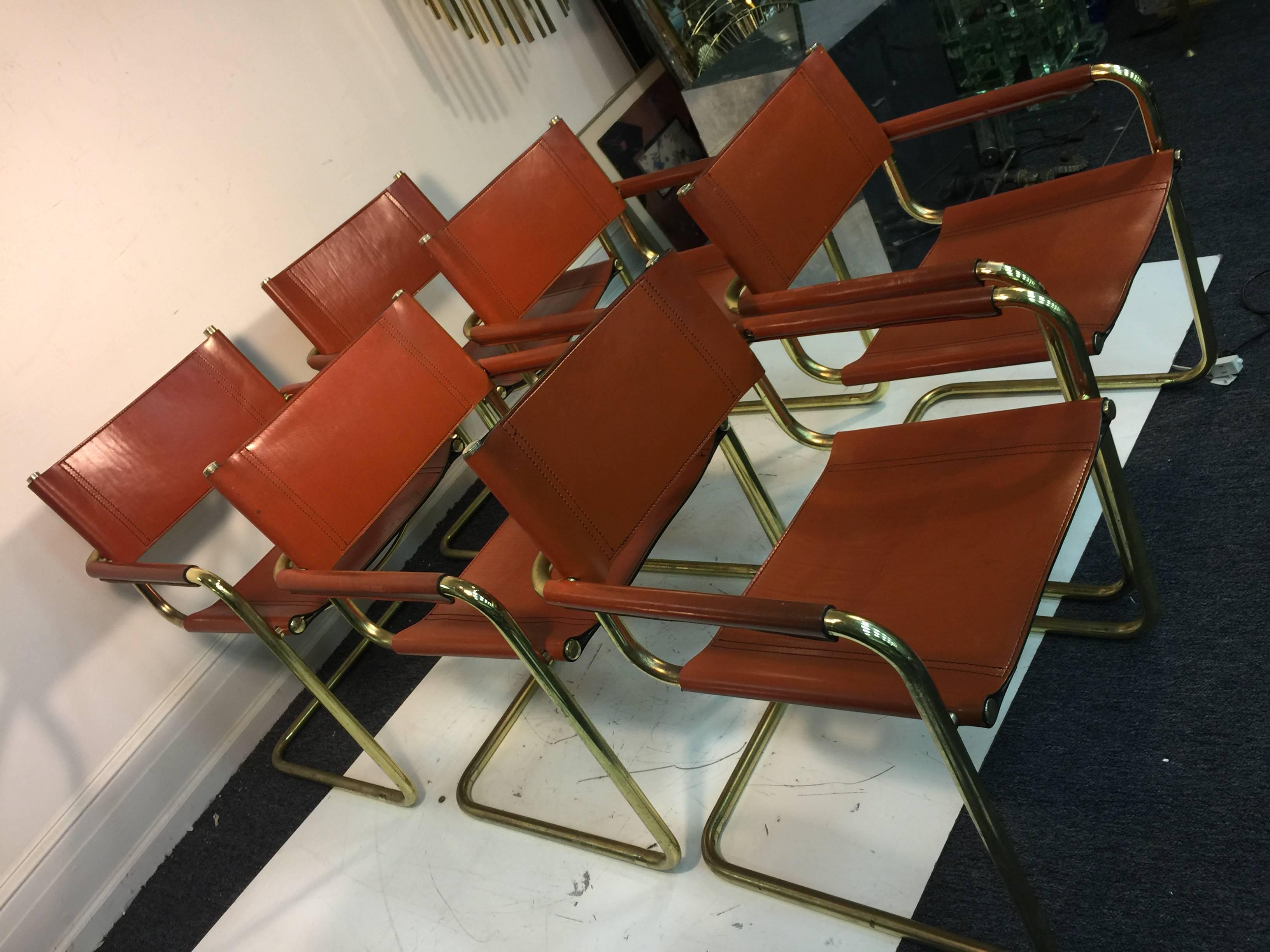 A stunning set of six leather and tubular brass chairs designed by Mart Stam for Fasem, Italy, circa 1980. These can be sold individually for $850 a piece.