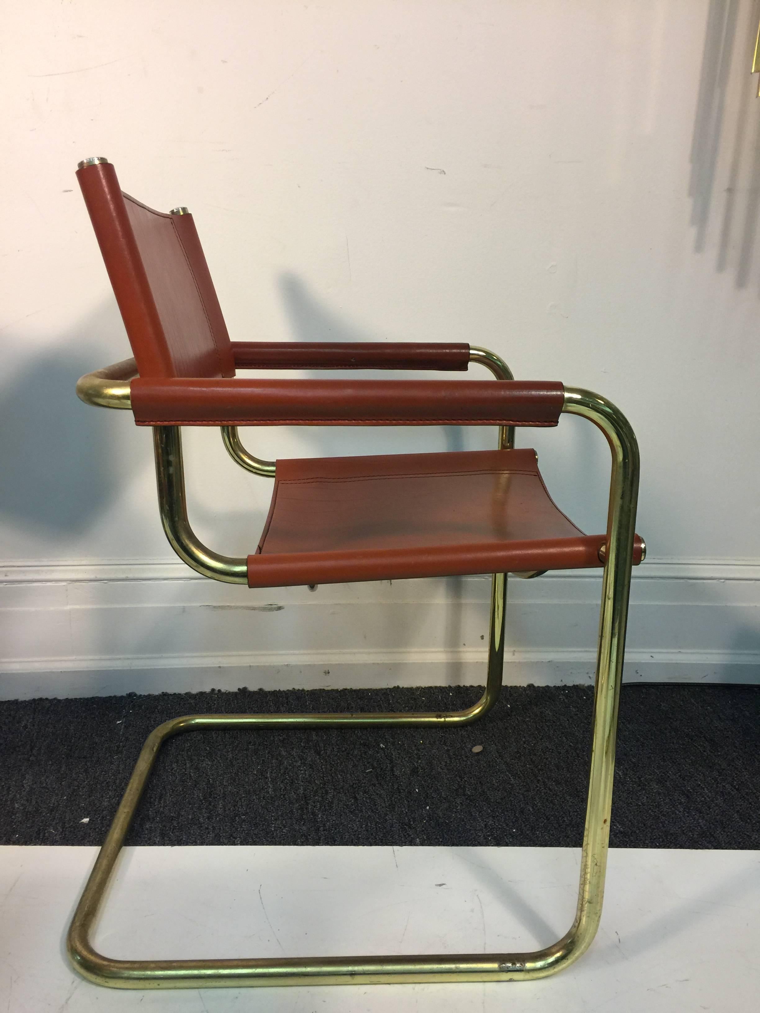 Stunning Set of Six Leather and Brass Tubular Chairs by Mart Stam 3