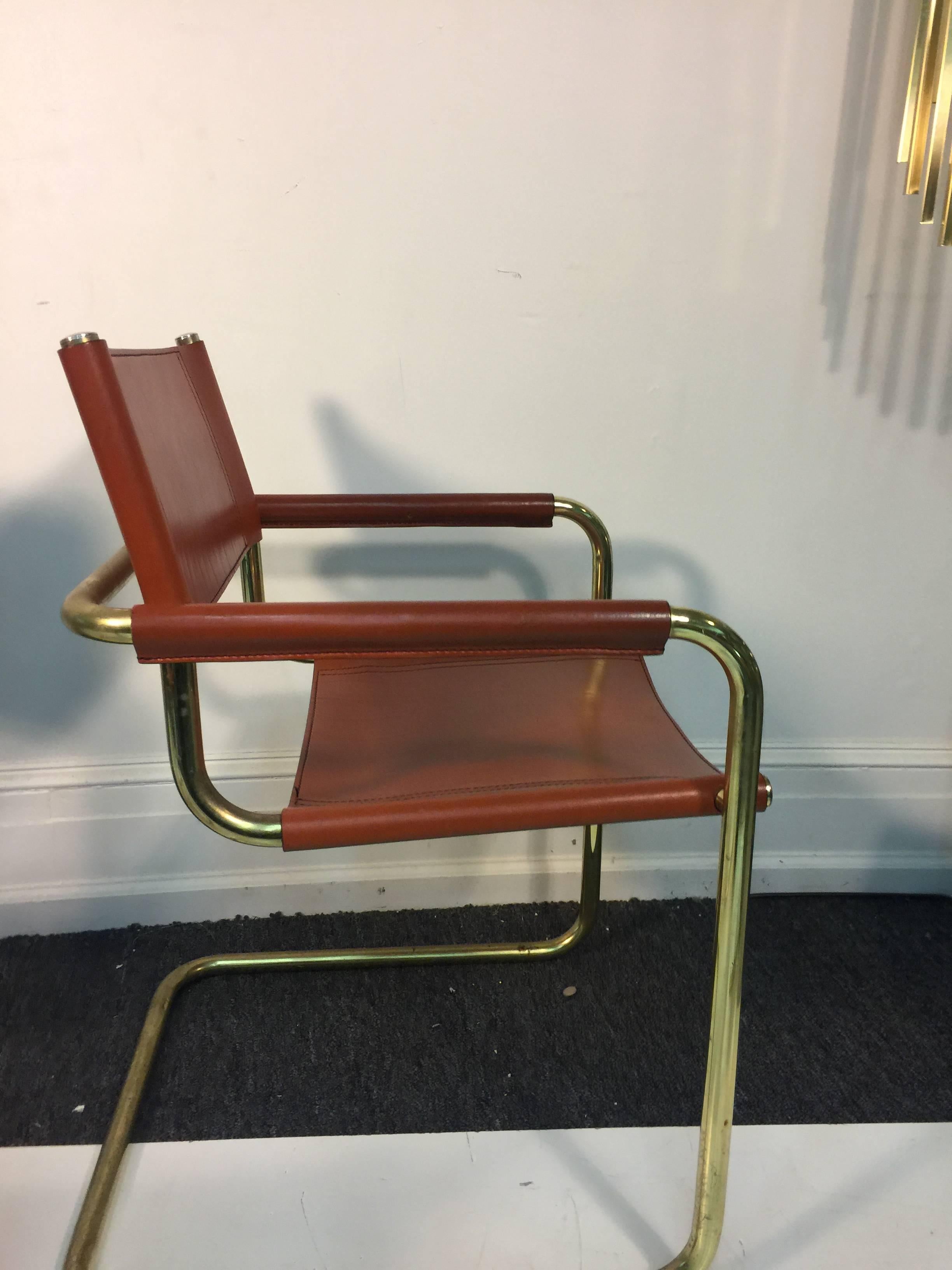 Stunning Set of Six Leather and Brass Tubular Chairs by Mart Stam 4