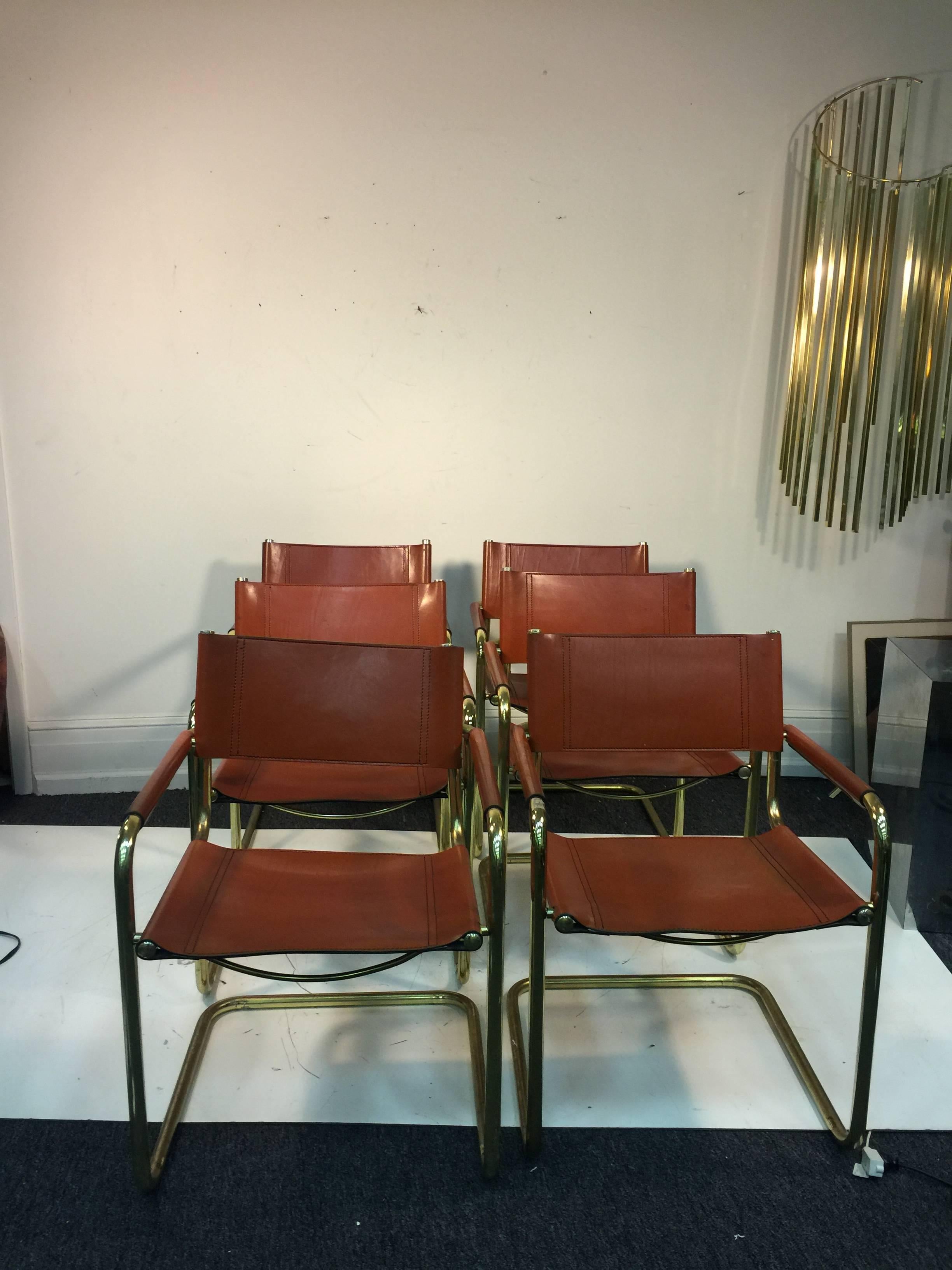 Italian Stunning Set of Six Leather and Brass Tubular Chairs by Mart Stam