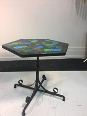 Terrific Pair of Hexagonal Ceramic Tile Top End or Side Tables with Iron Bases