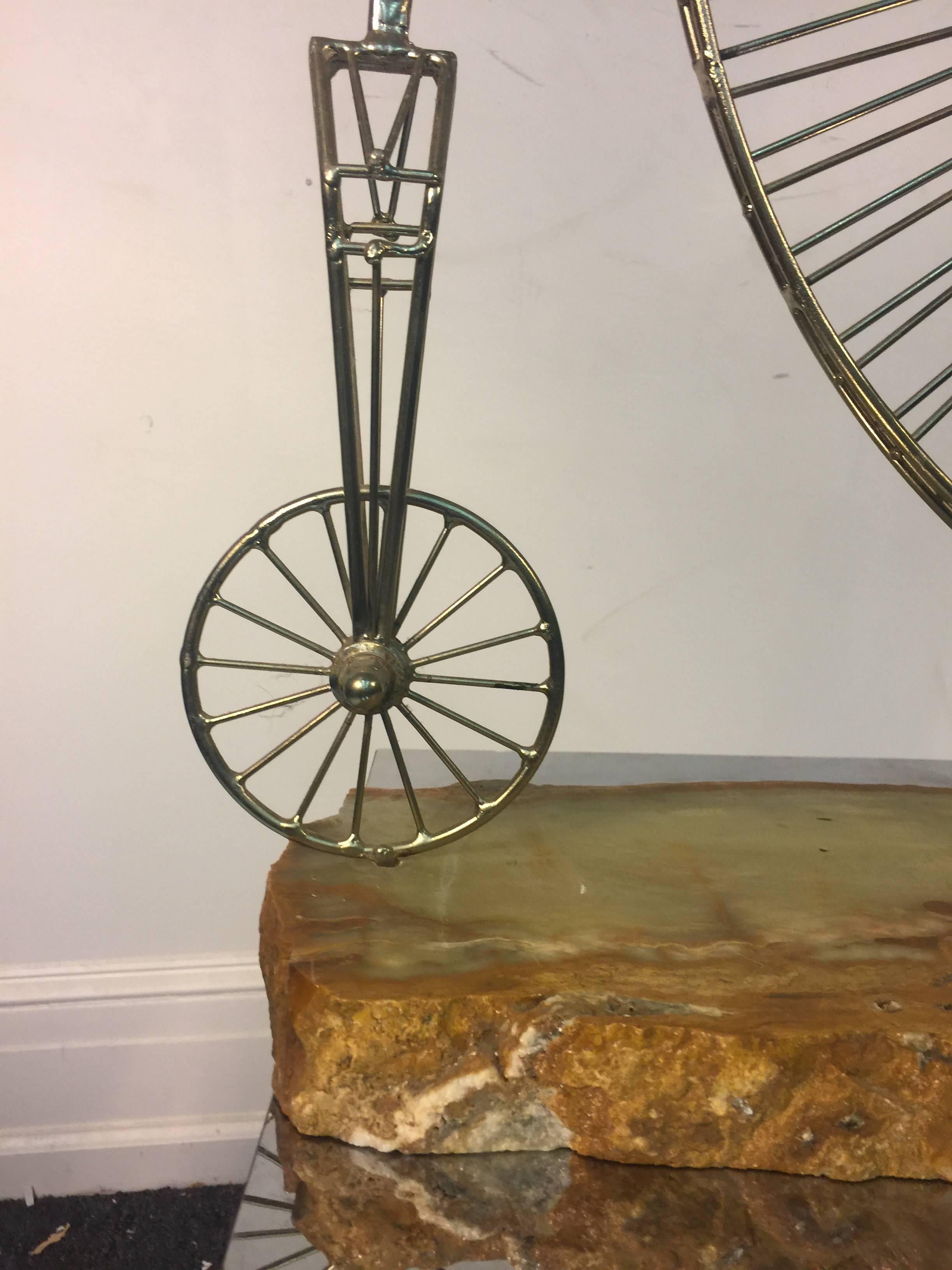 American Rare High Wheel Curtis Jere Bicycle Sculpture Mounted on an Onyx Base For Sale