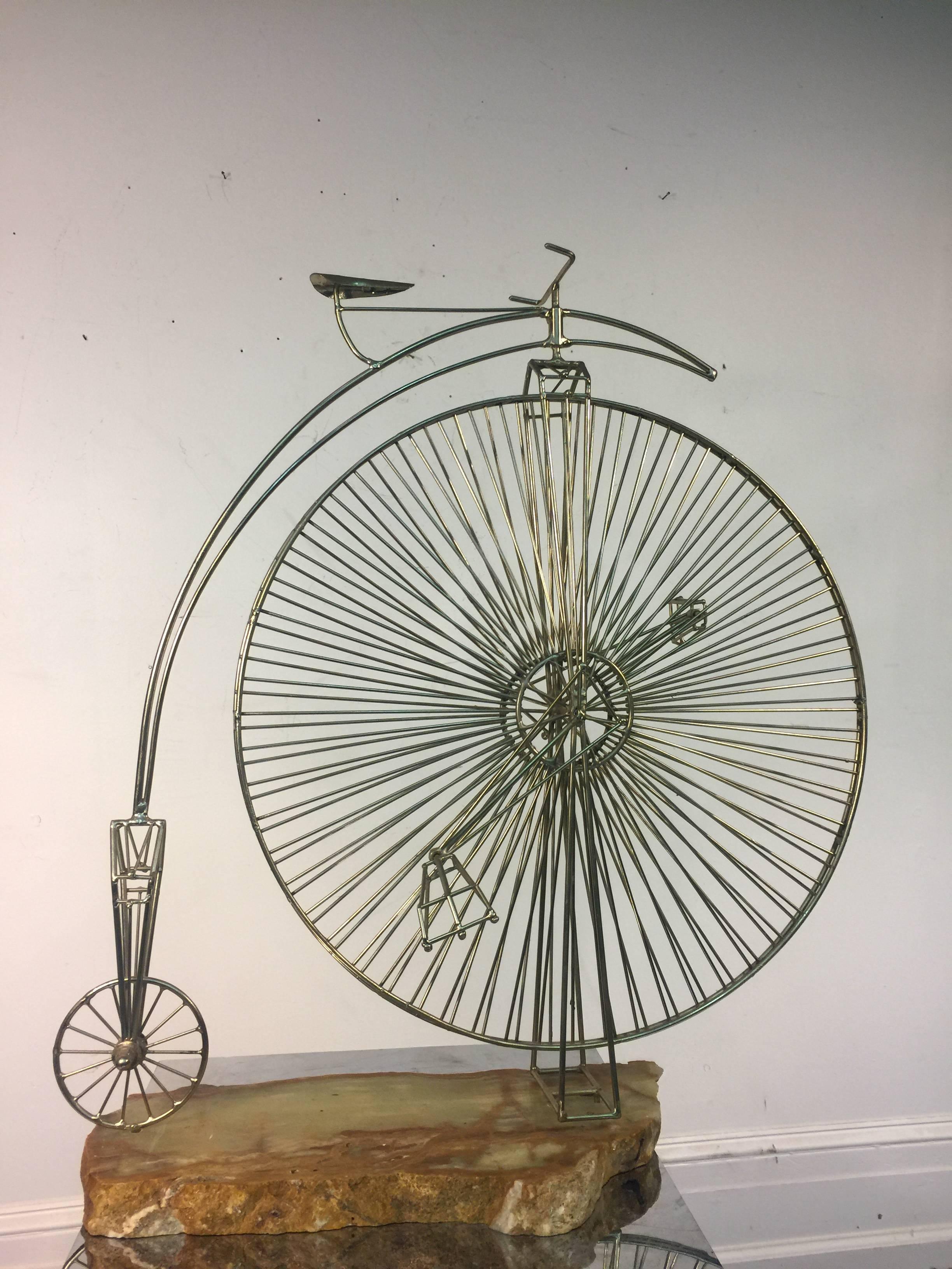 Modern Rare High Wheel Curtis Jere Bicycle Sculpture Mounted on an Onyx Base For Sale