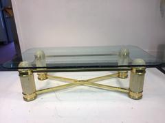 Incredible Italian Travertine and Brass Coffee, or Center Table with Glass Top
