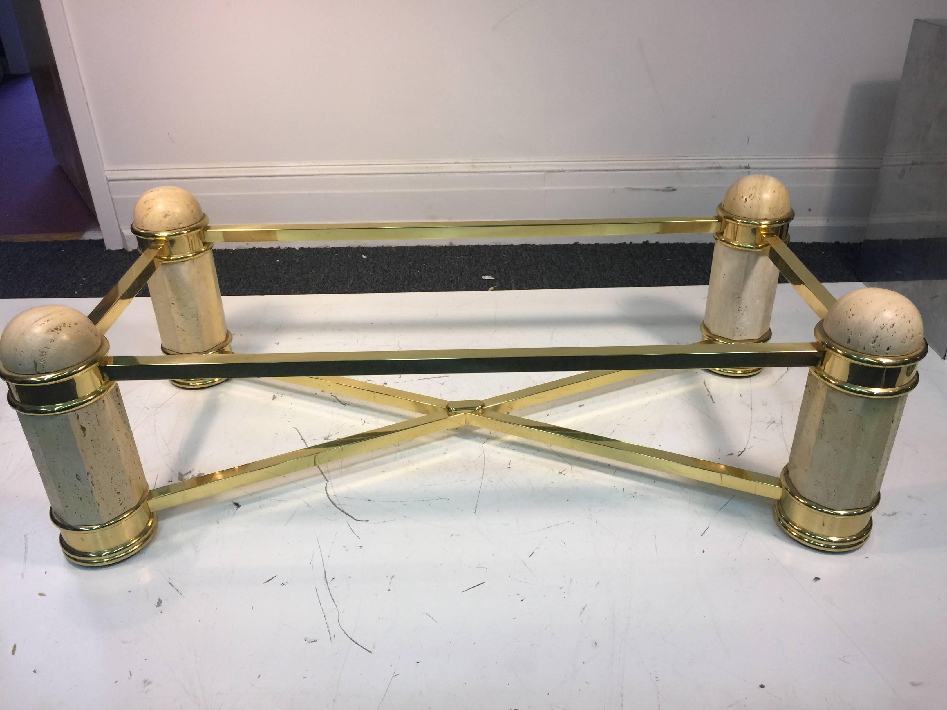 Incredible Italian Travertine and Brass Coffee, or Center Table with Glass Top In Good Condition For Sale In Mount Penn, PA