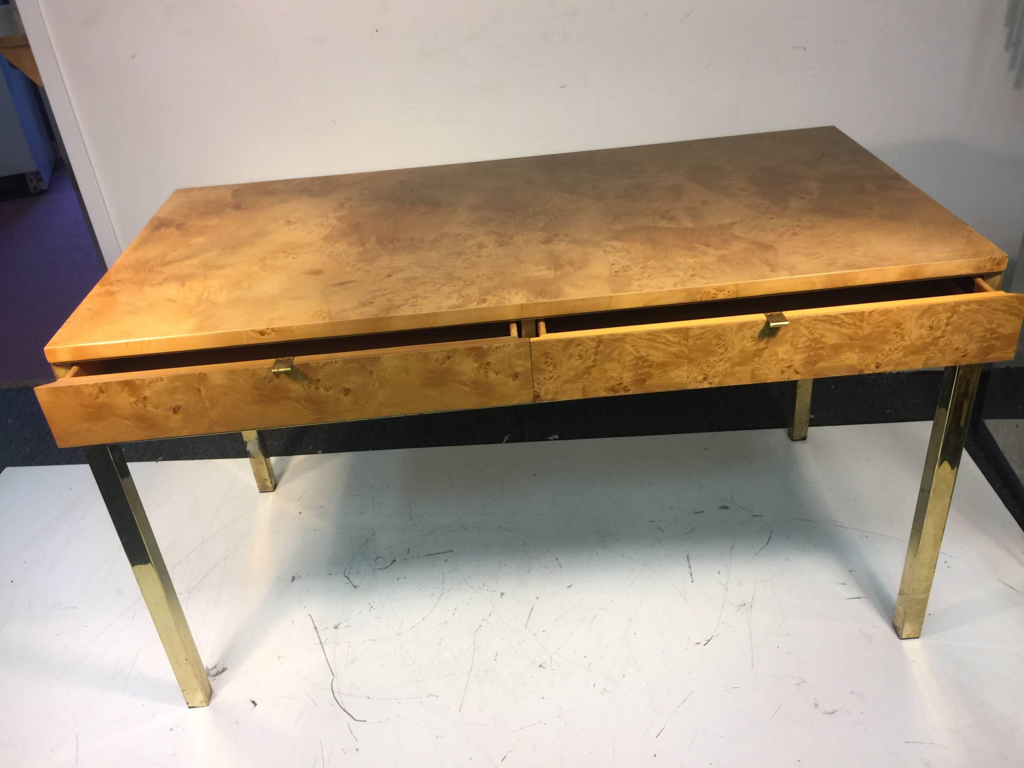 Modern Magnificent Milo Baughman Burl Wood Desk or Console Table with Brass Base For Sale