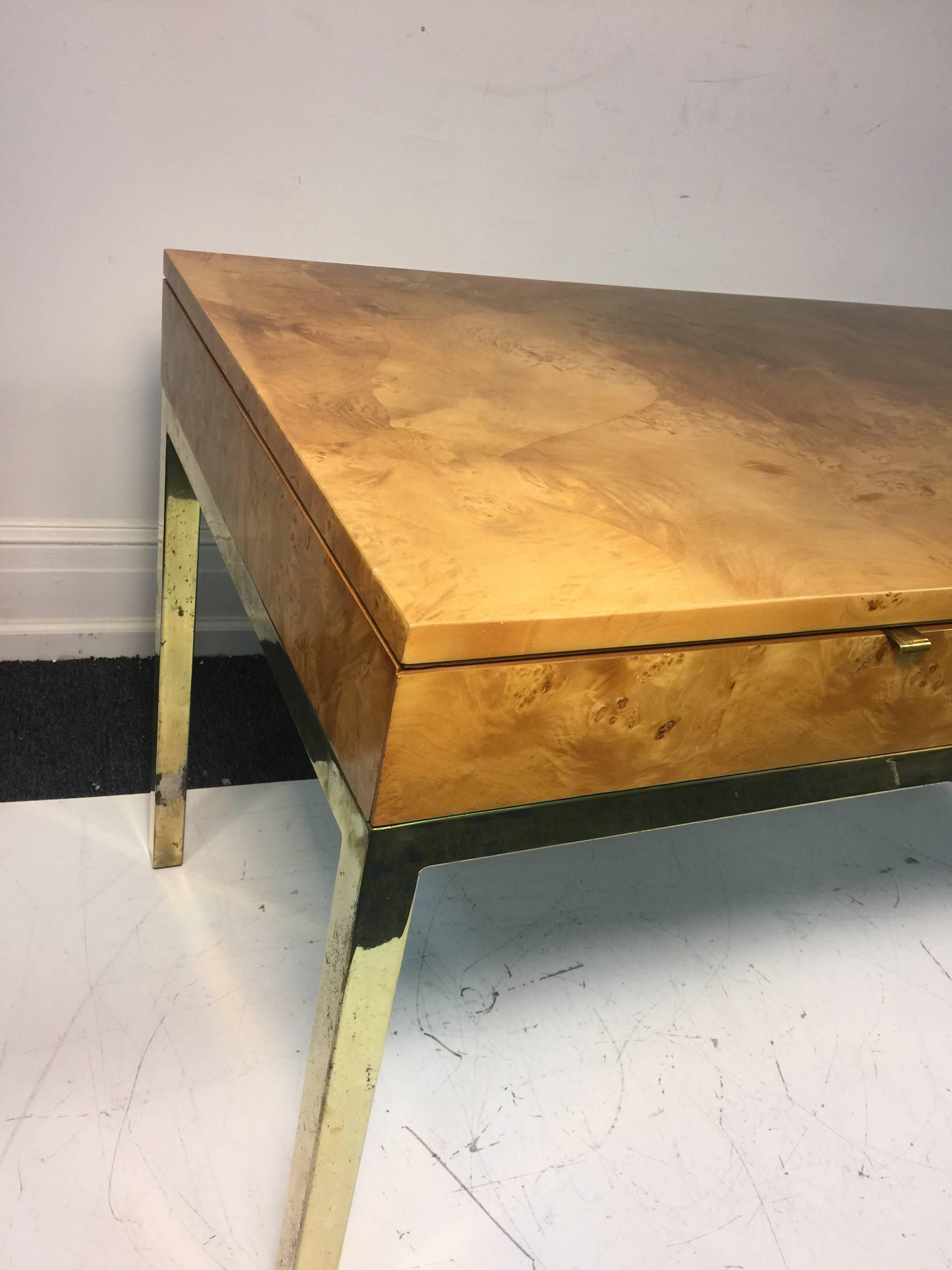 Magnificent Milo Baughman Burl Wood Desk or Console Table with Brass Base In Good Condition For Sale In Mount Penn, PA