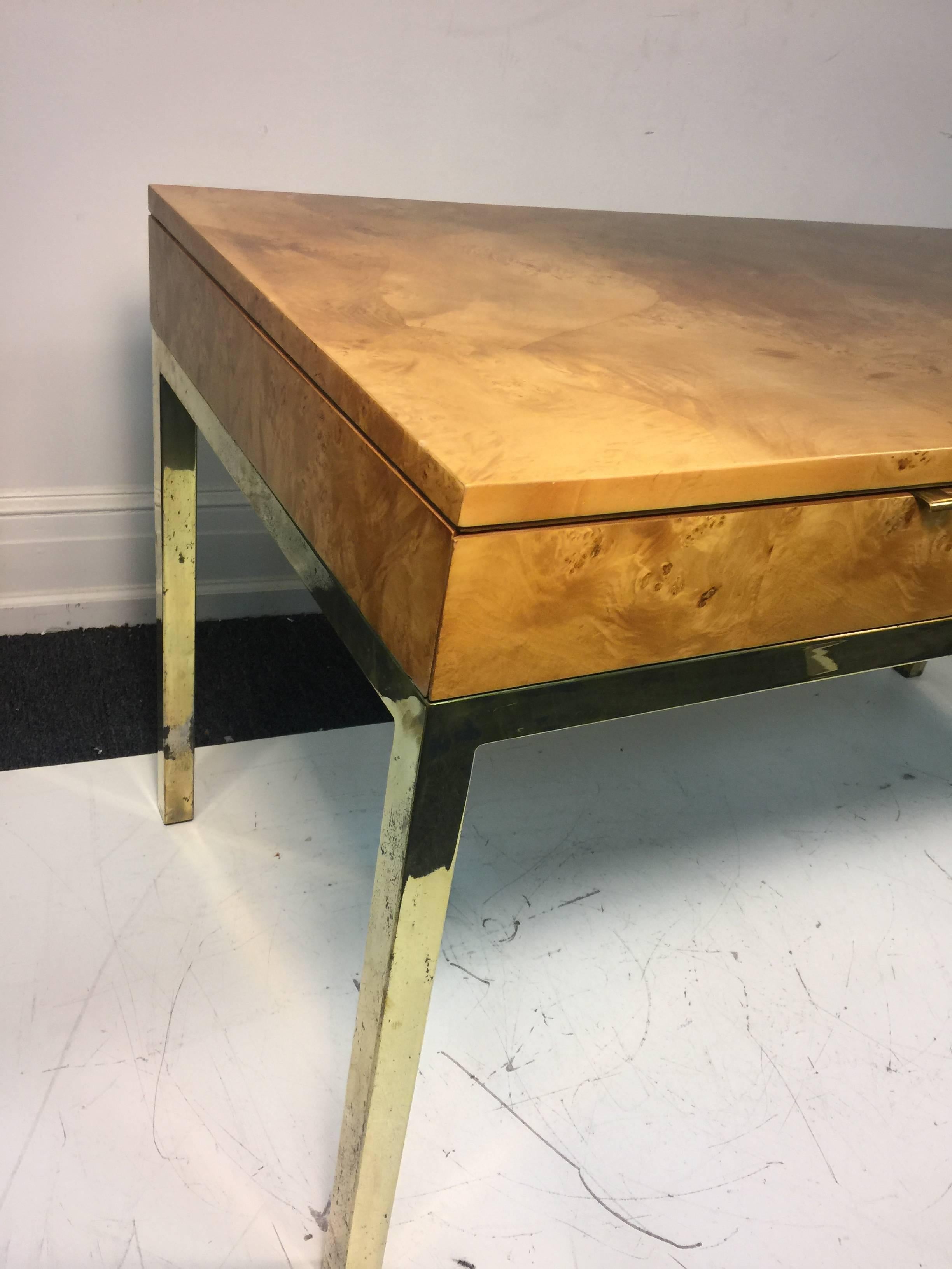 Magnificent Milo Baughman Burl Wood Desk or Console Table with Brass Base For Sale 2