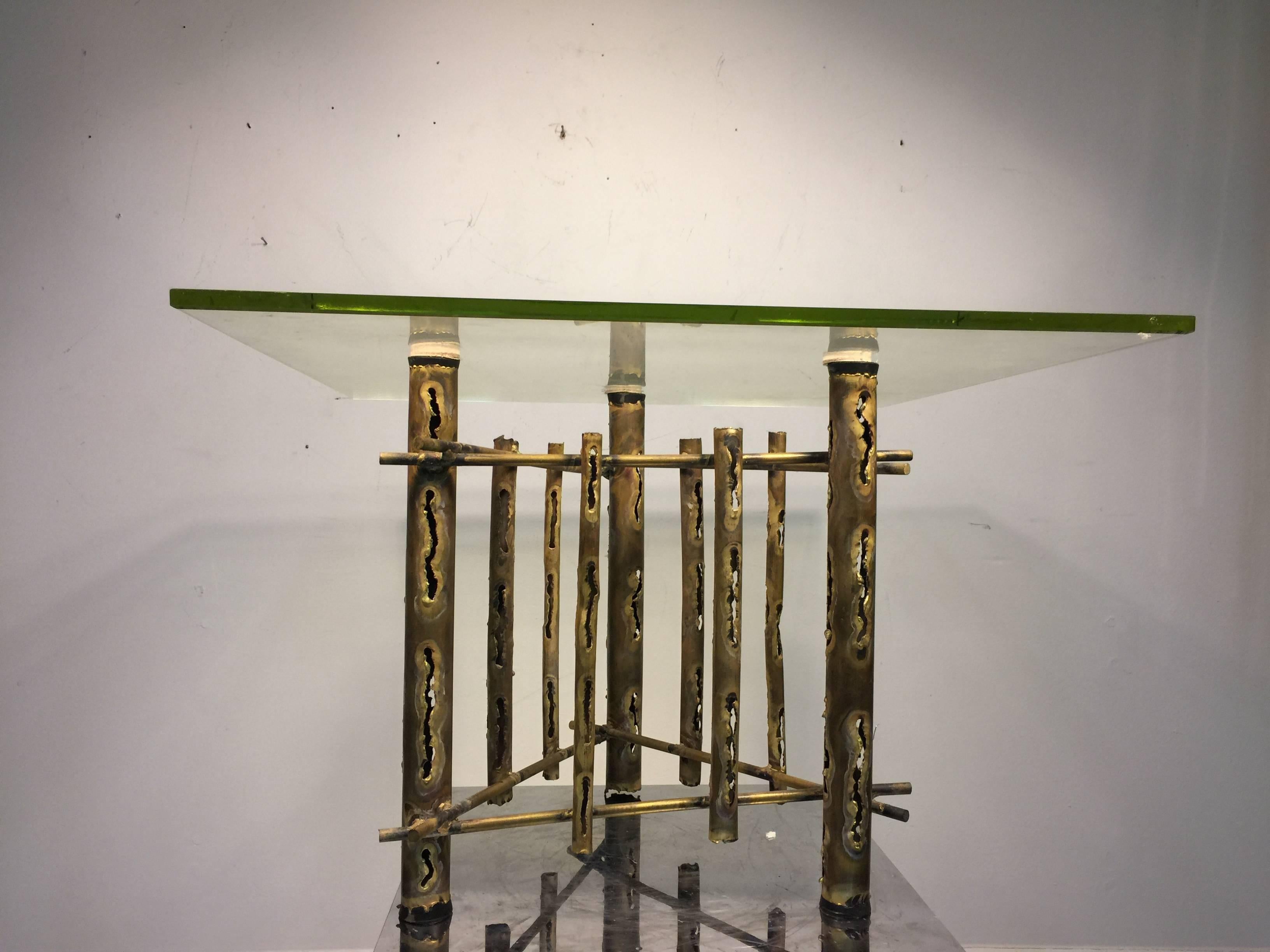 An exquisite Brutalist faux bamboo, bronze, side, or accent table by Silas Seandel, circa 1970. Good vintage condition.